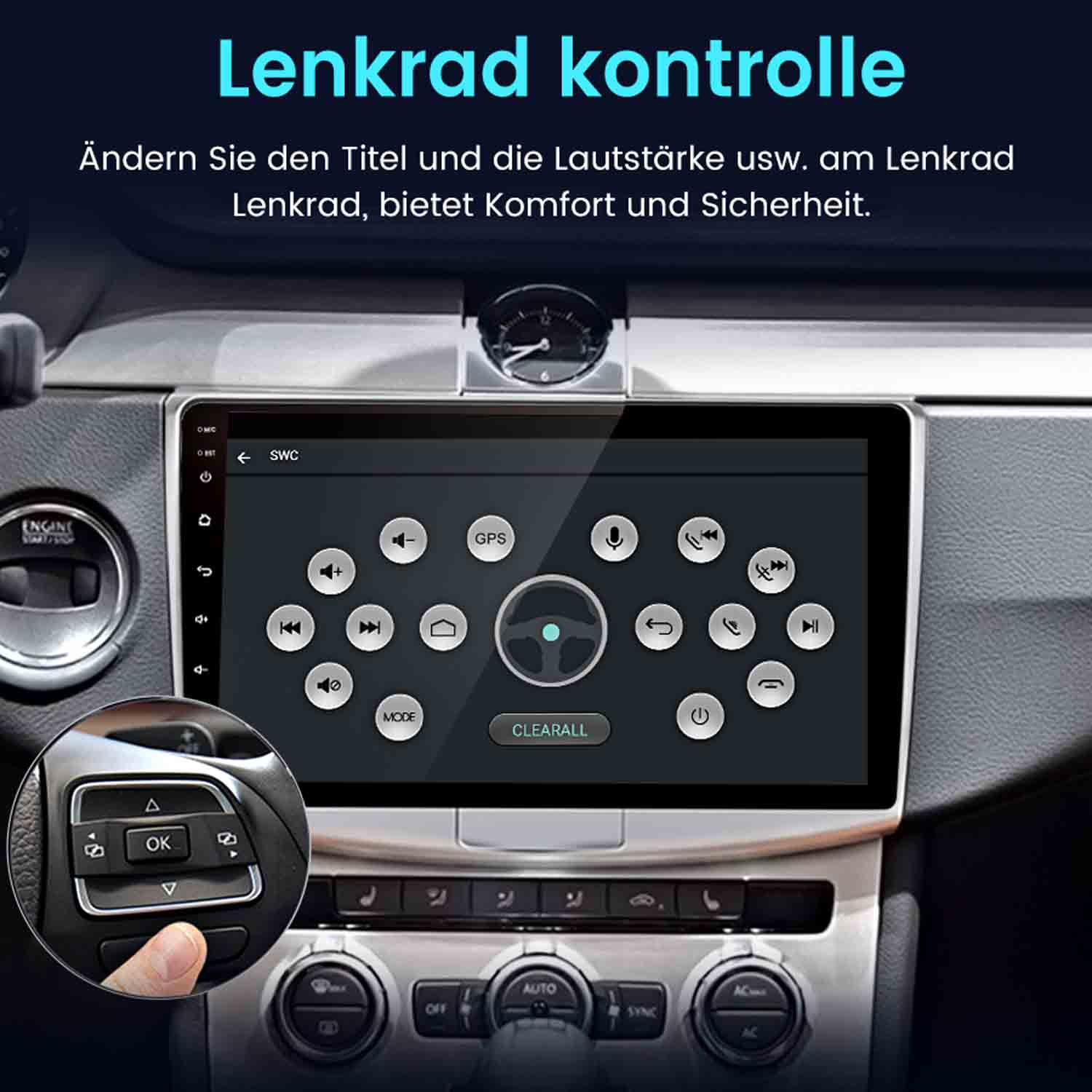 Autoinnenraum mit einem Touchscreen-Display, das Lenkradsteuerungen zeigt.