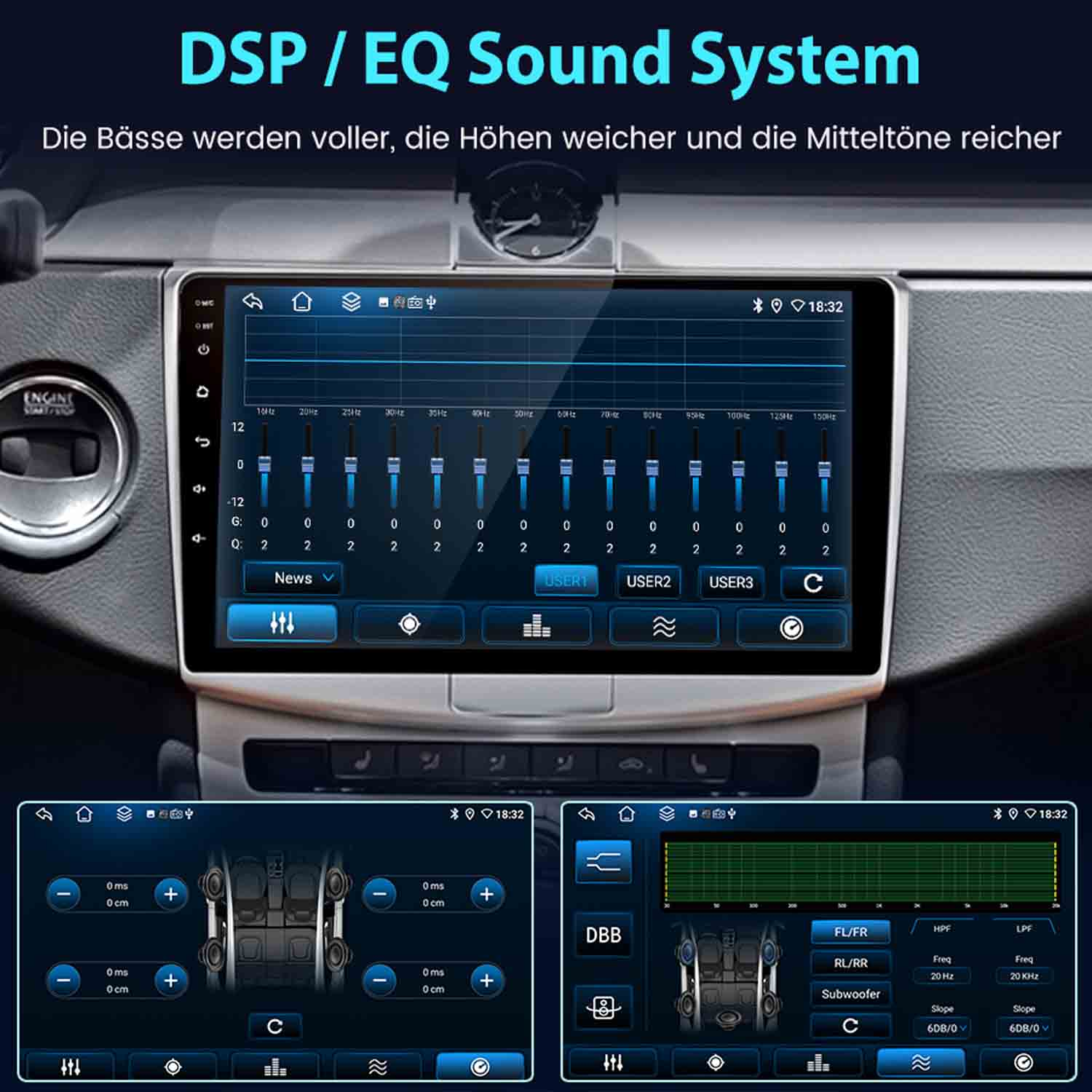 Auto-Infotainment-Display mit DSP/EQ-System und verschiedenen Audioeinstellungen.