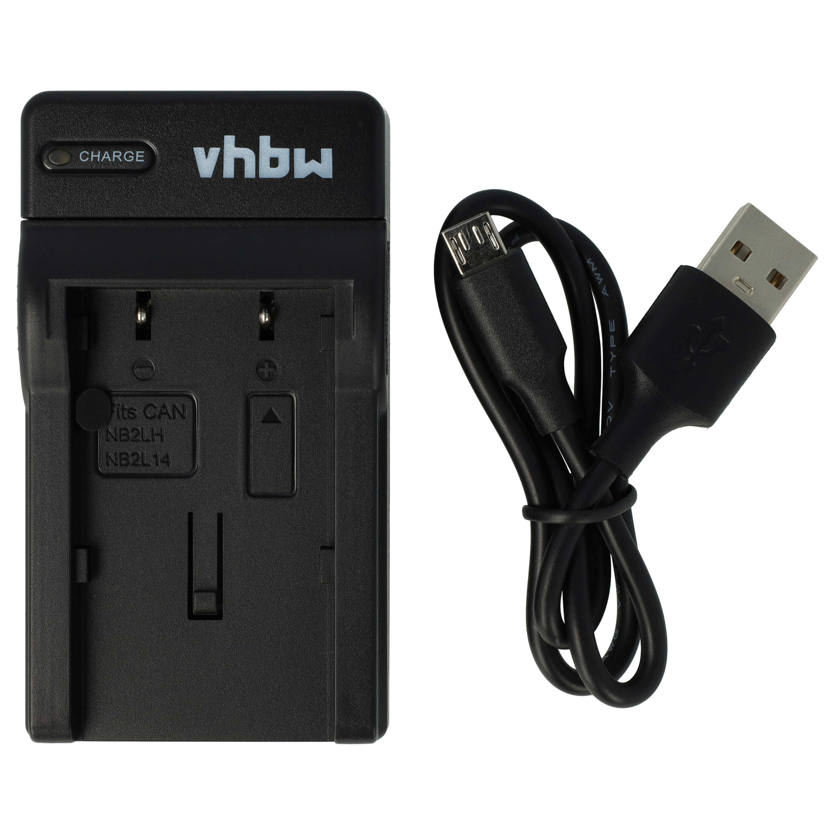 Schwarzer Kamerakompatible Akku-Ladegerät mit USB-Kabel und Ladeanzeige.