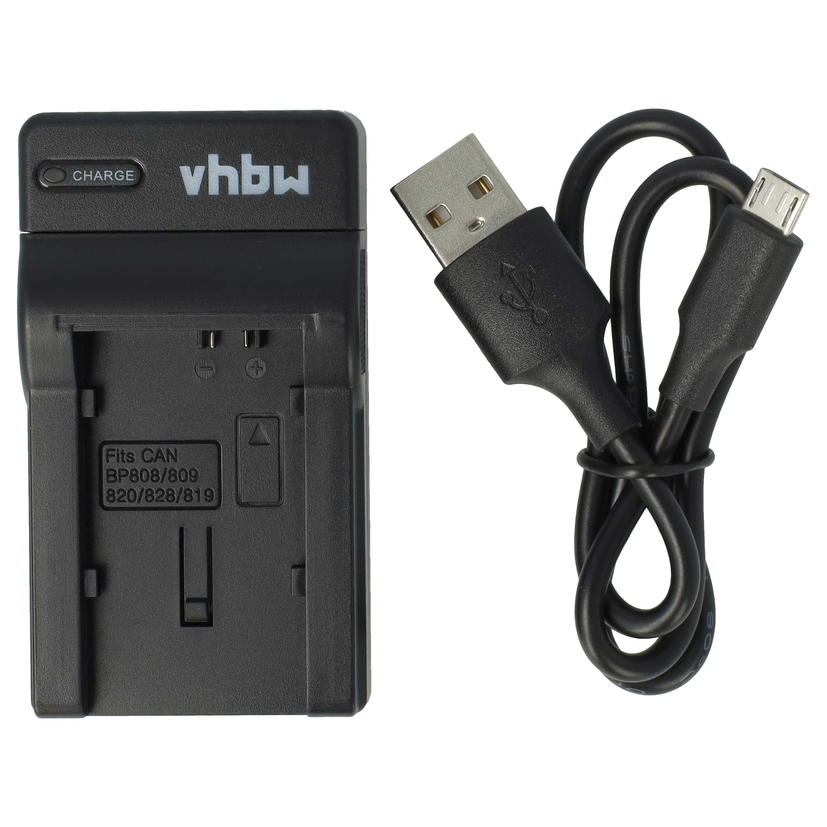 Ein schwarzes Ladegerät mit USB-Kabel. Beschriftung 'vhbw' und 'Charge'.