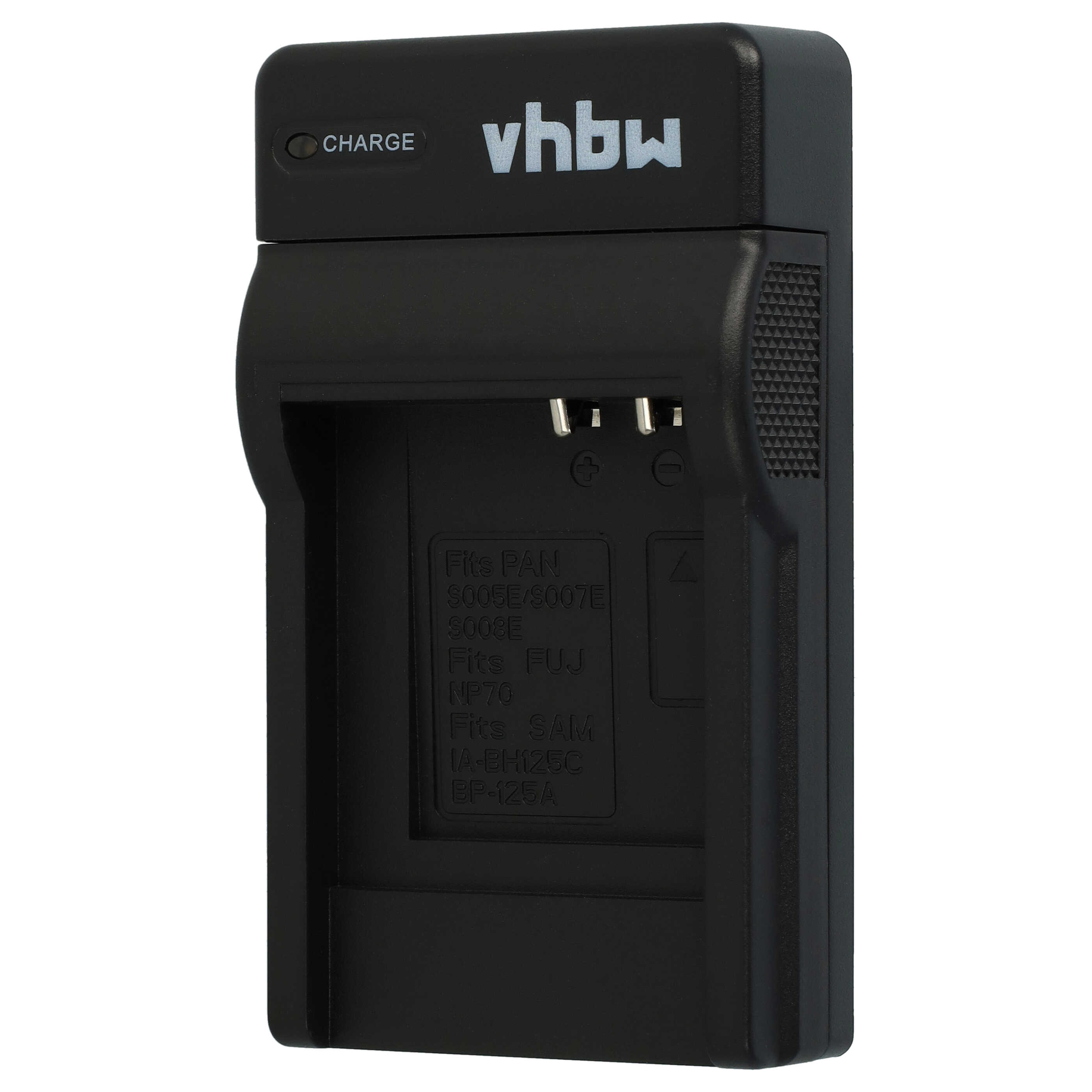 Schwarzes Ladegerät mit "vhbw" Logo und Ladeanzeige. Passt für PAN S005E/S007E, S008E, FUJ NP70, SAM IA-BH125C, BP-125A.