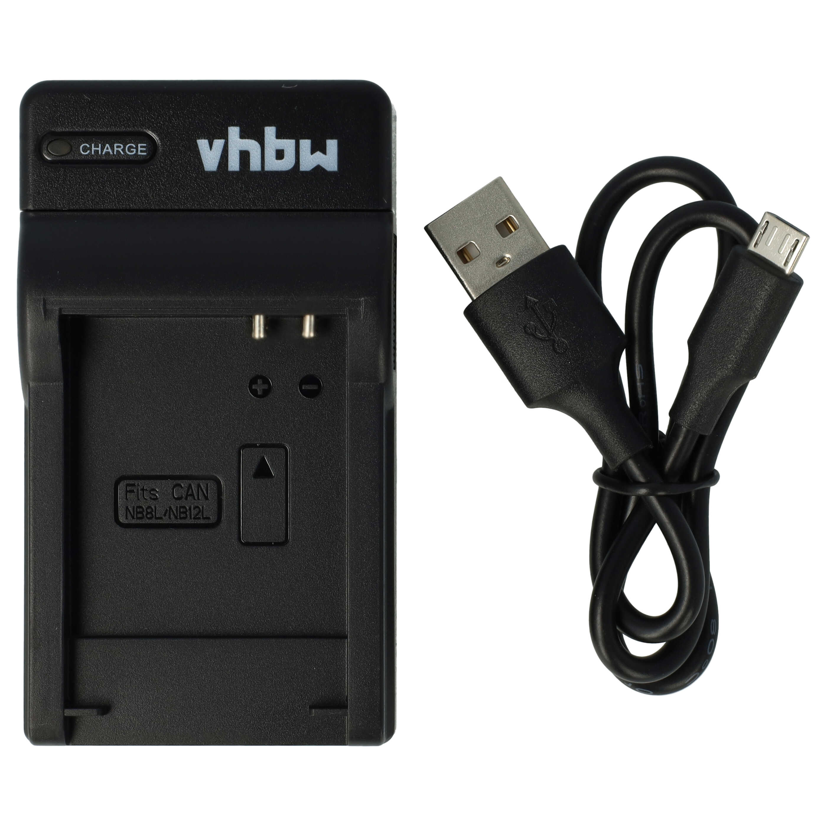 Ein schwarzes Ladegerät mit USB-Kabel, das für Canon NB8L/NB12L-Akkus geeignet ist.