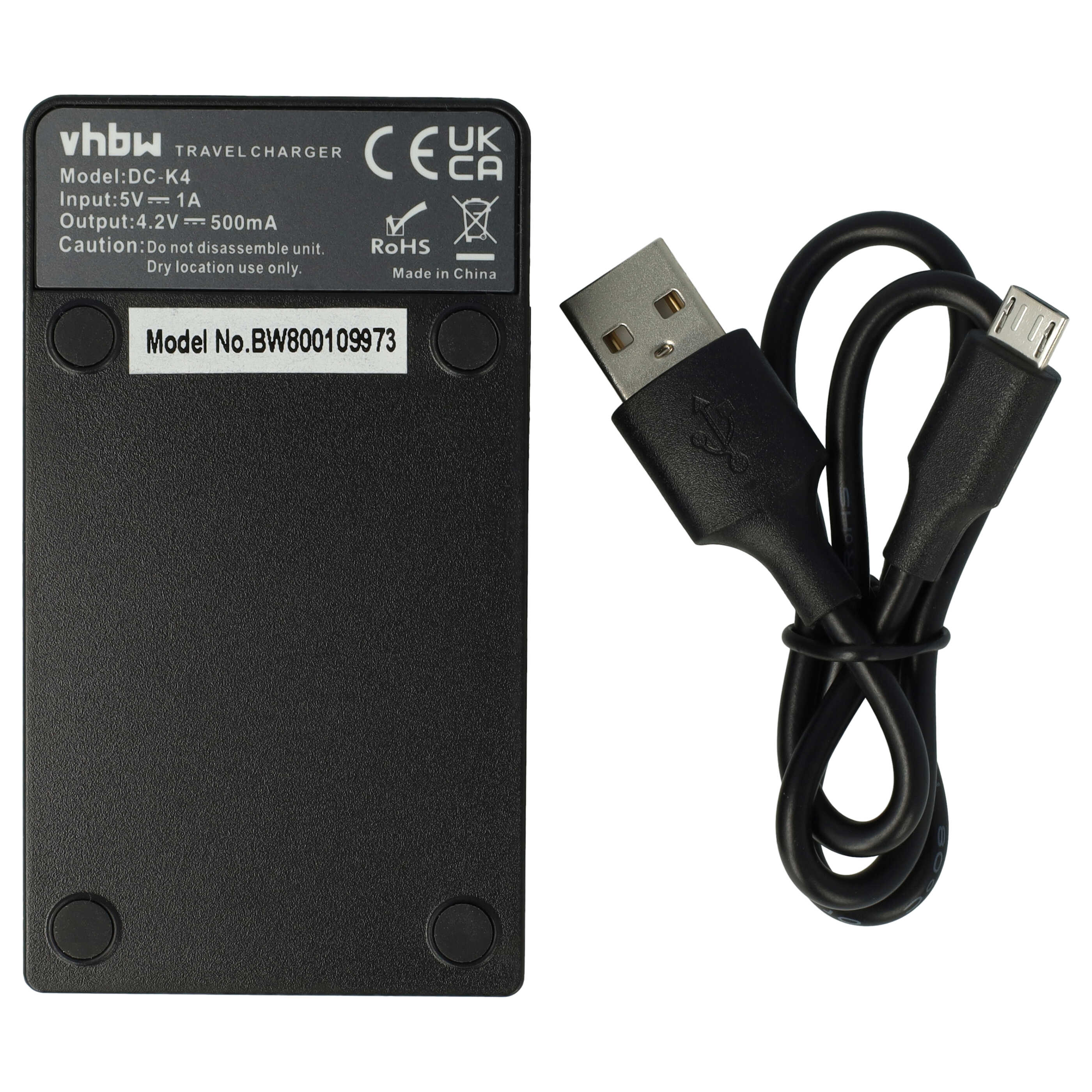 Schwarzes VHBW Ladegerät mit USB- und Micro-USB-Kabel. Modell DC-K4.