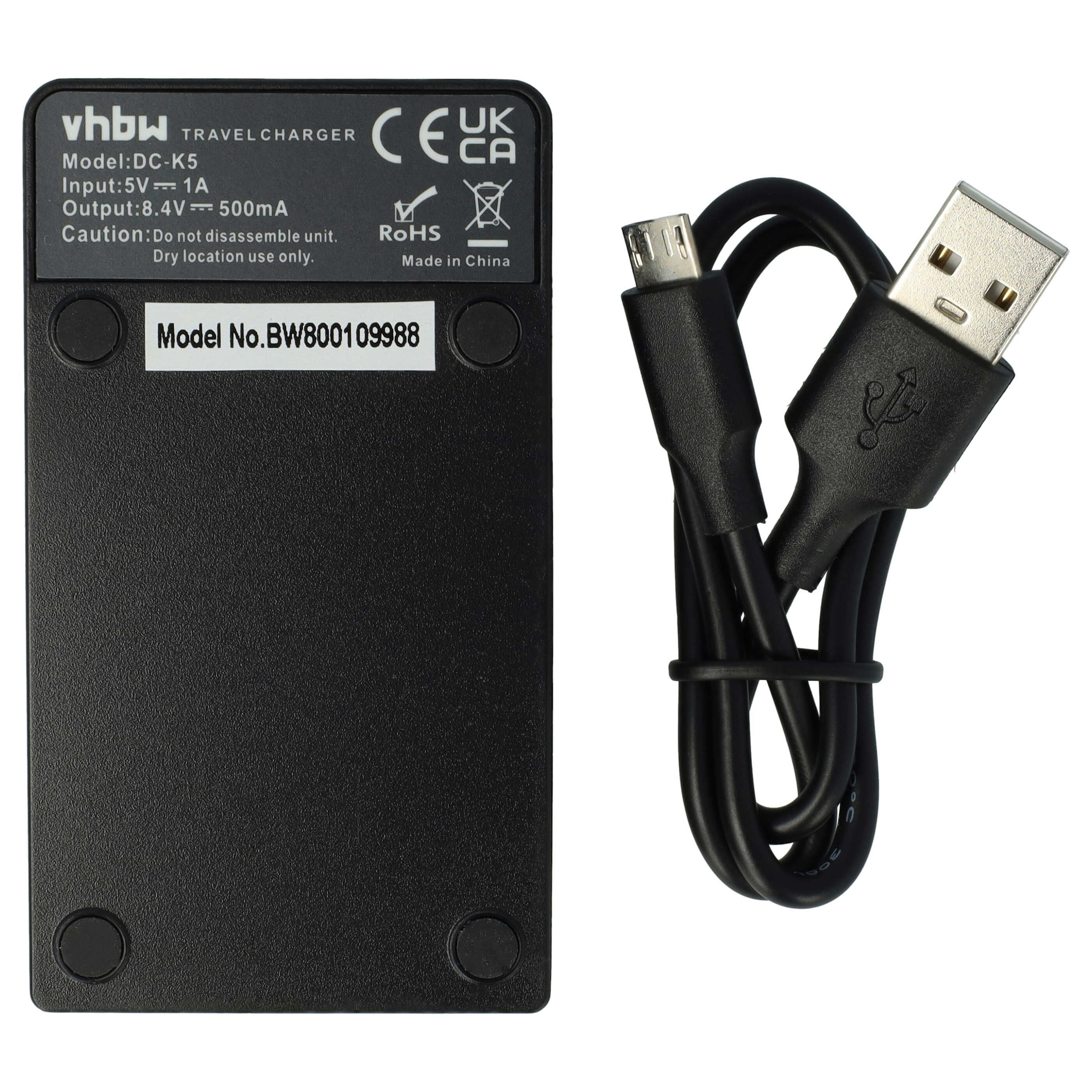 Schwarzes VHBW Ladegerät mit USB-Kabel. Modell DC-K5, BW800109988.