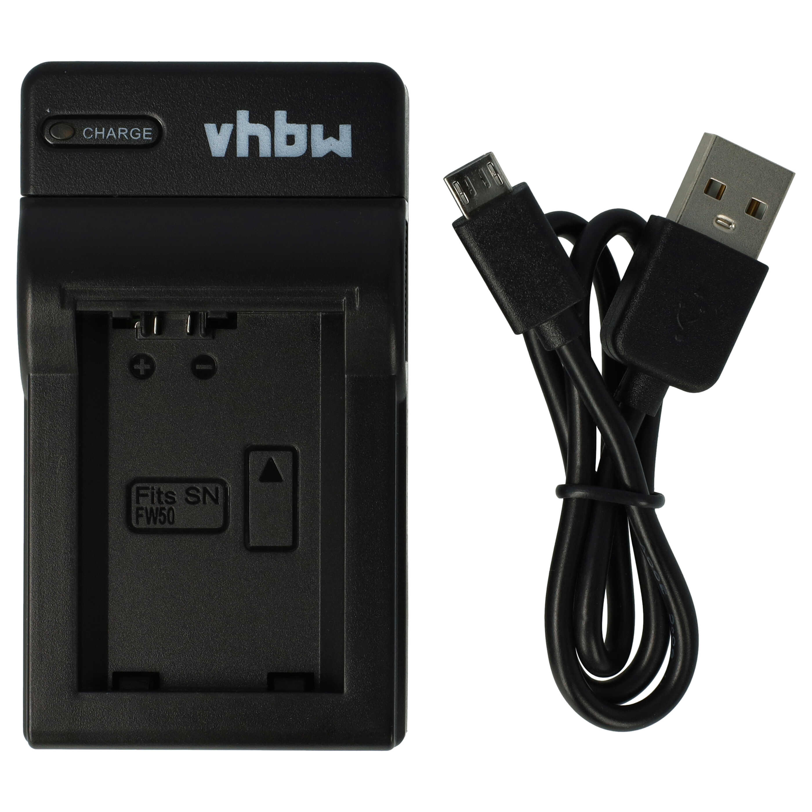 Schwarzes Ladegerät mit Ladeanzeige und USB-Kabel auf weißem Hintergrund.
