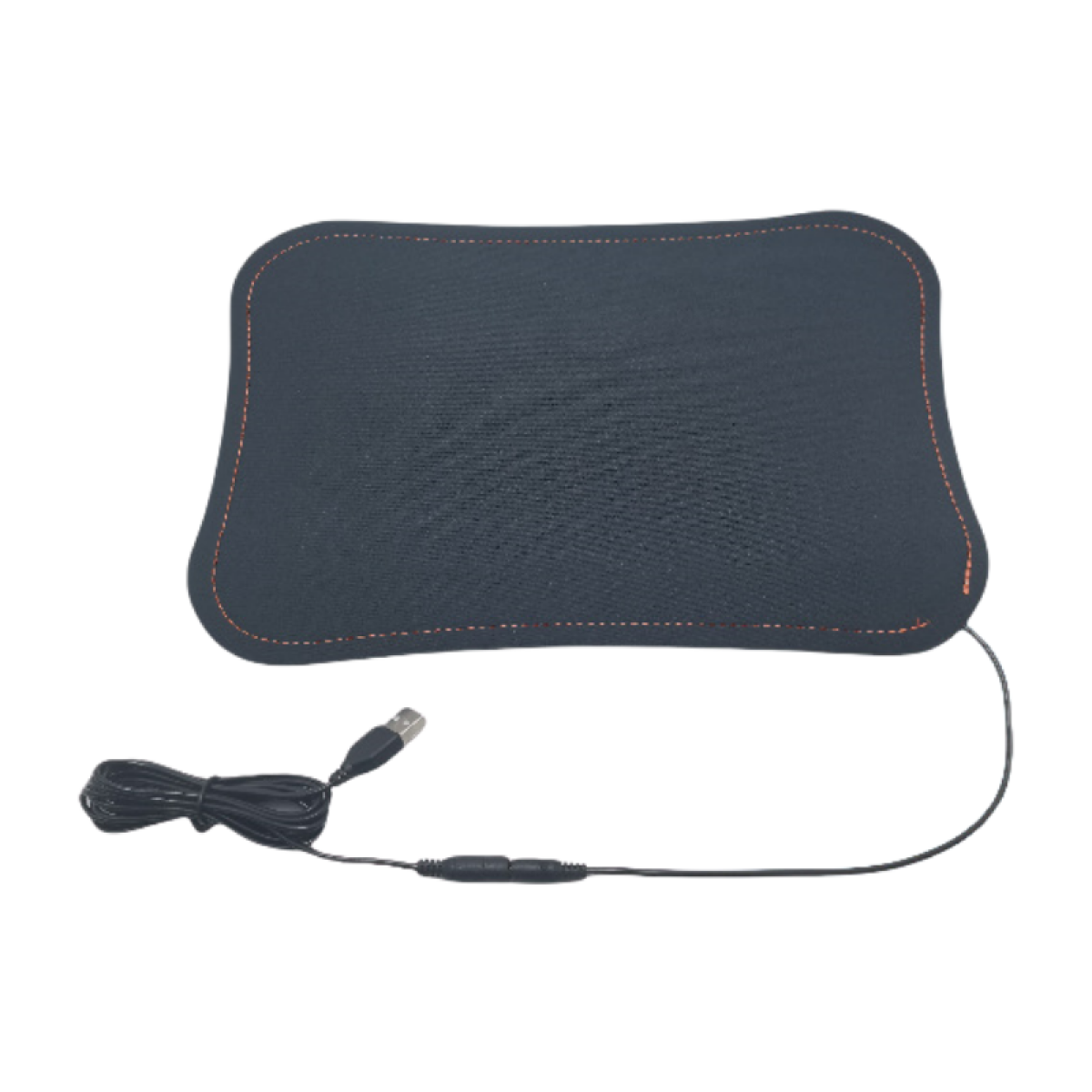 Ciemnoszare poduszka grzewcza z pomarańczowymi szwami i kablem USB.