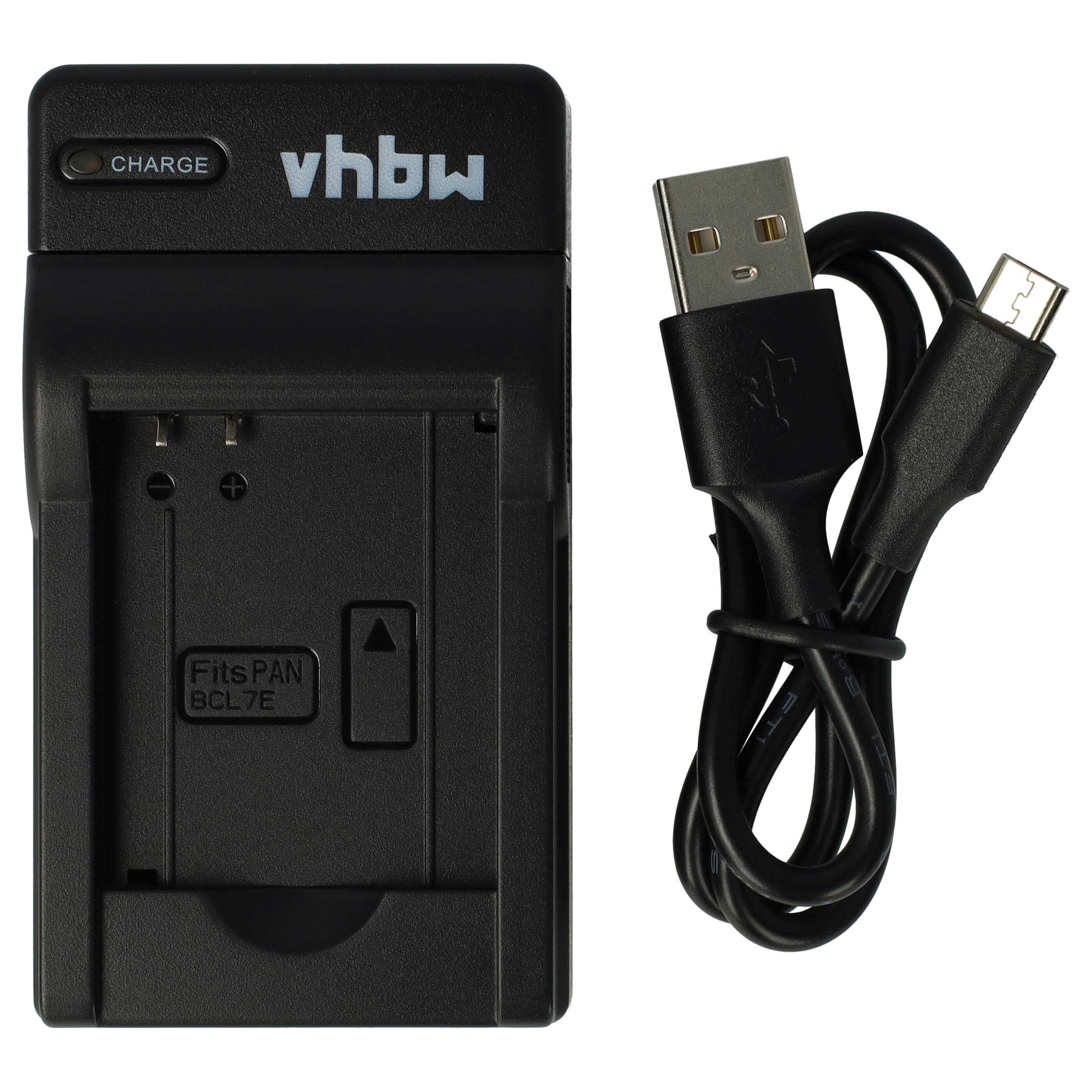 Schwarzes Ladegerät mit USB-Kabel, vhbw-Logo, Ladeanzeige und BCL7E-Kompatibilität.
