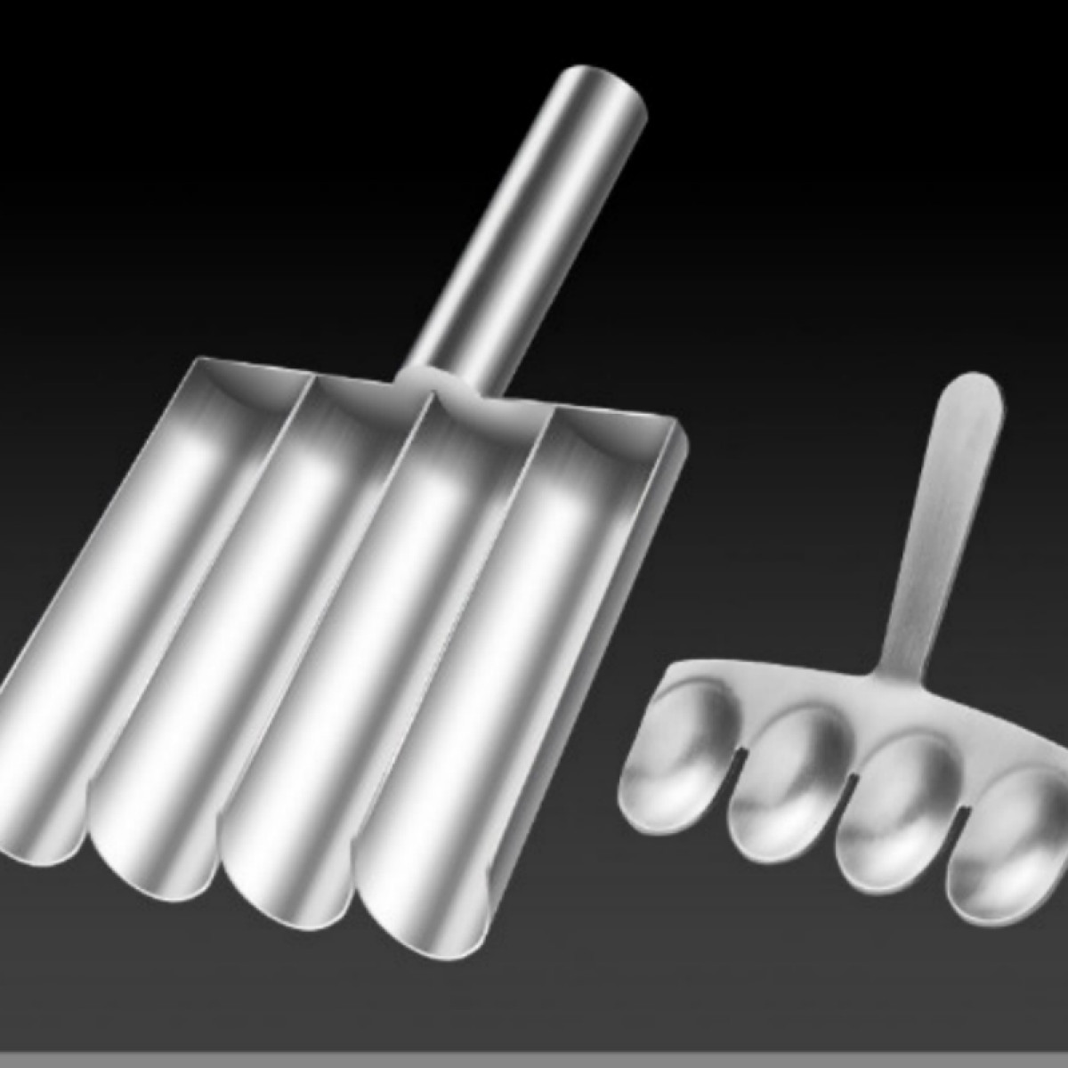 Dwa srebrne małe formy do pieczenia ciasta z uchwytami na czarnym tle.