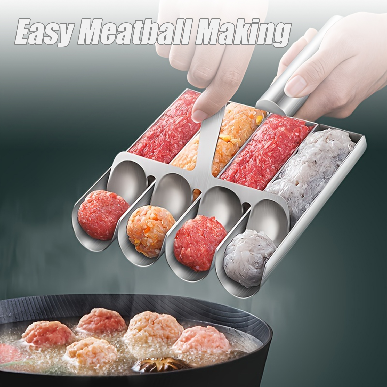 Formierka do klopsików z różnymi mięsami nad wrzącą wodą.