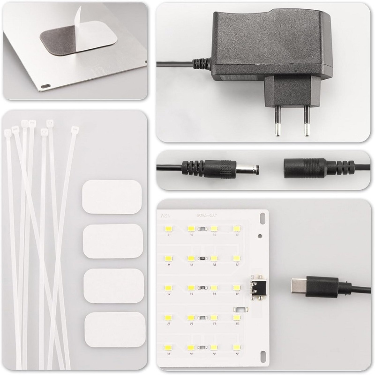 Zasilacz, kable, opaski zaciskowe i płytka LED z portem USB-C.