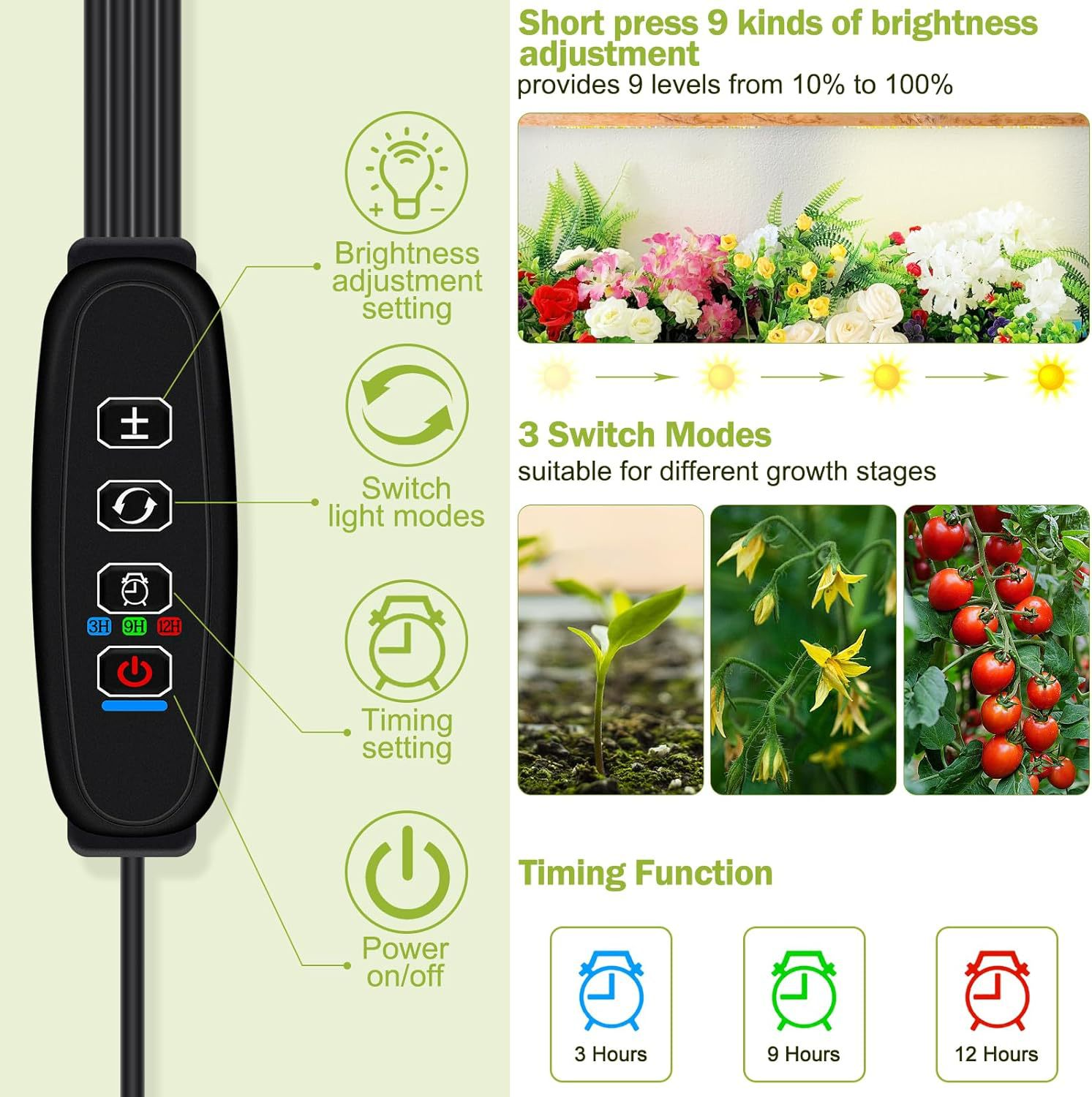 Lampa do roślin z ustawieniami jasności, trybu i timera.