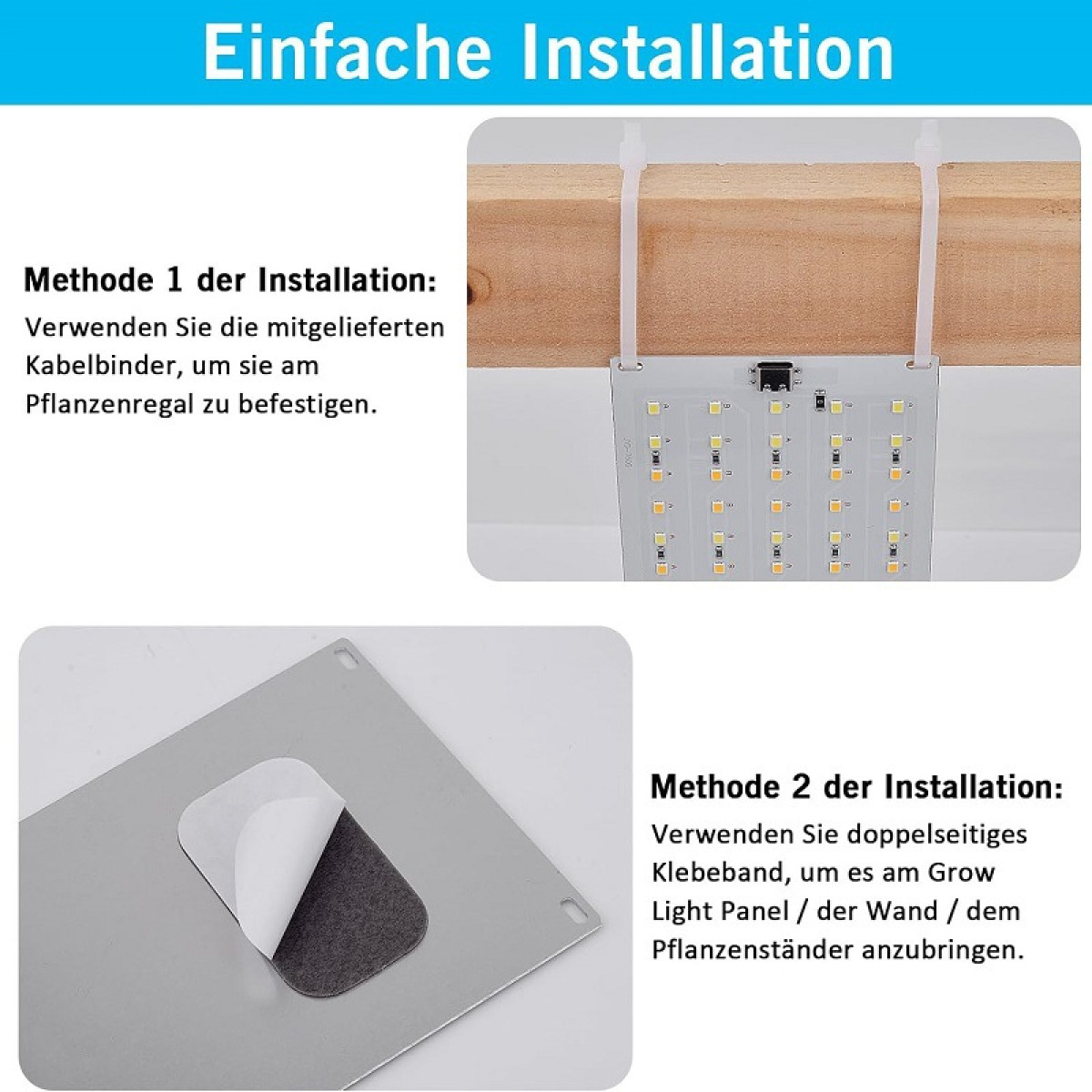 Dwie metody instalacji lampy do roślin: za pomocą opasek kablowych lub taśmy dwustronnej.