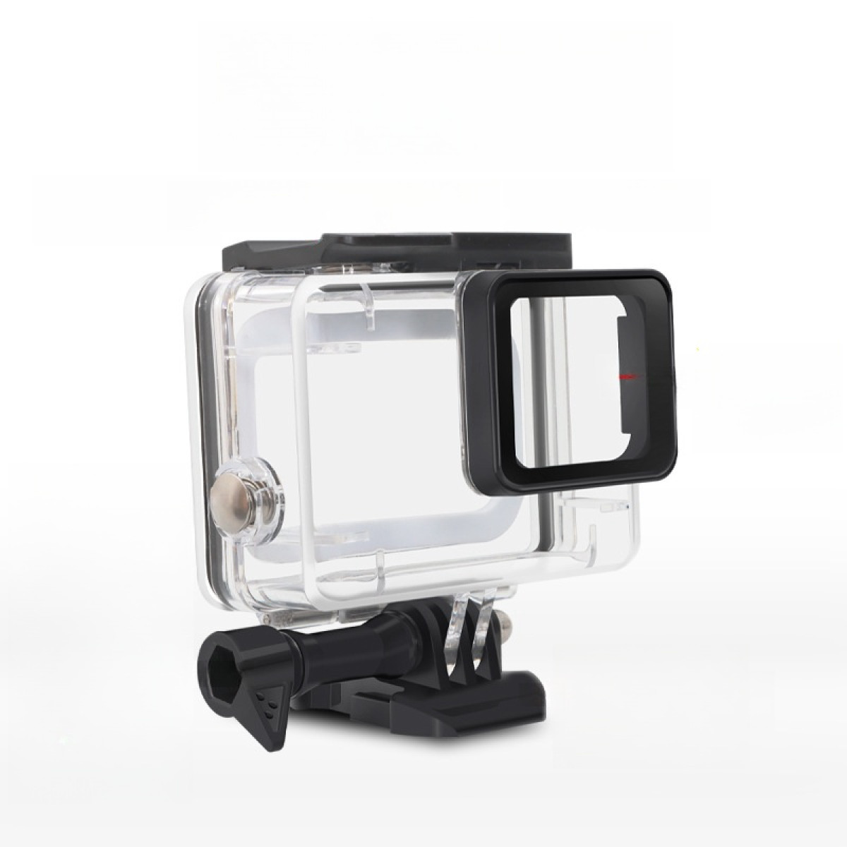 A clear camera housing with a black mount on a white background.