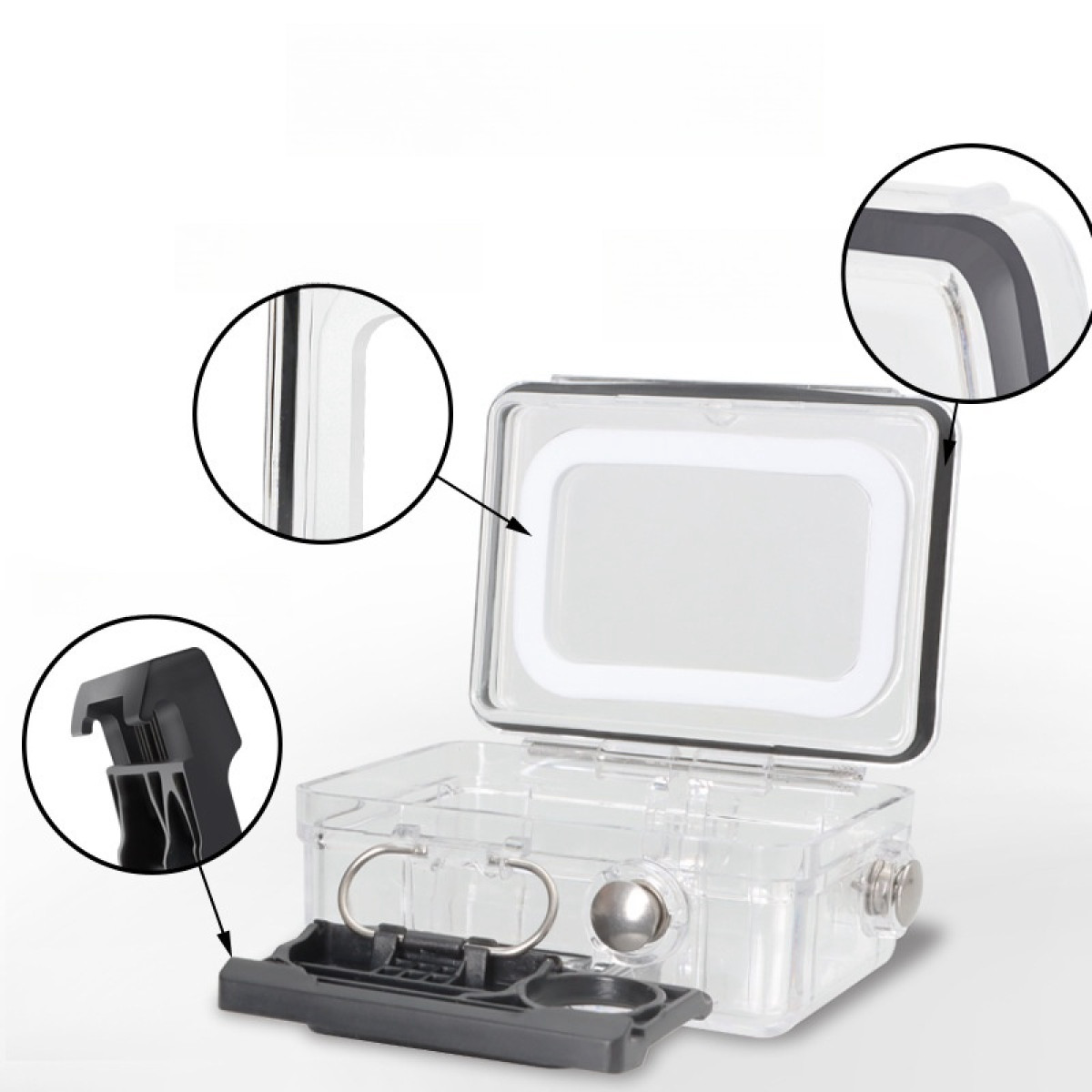 Clear protective case with rubber seals and mounting features.