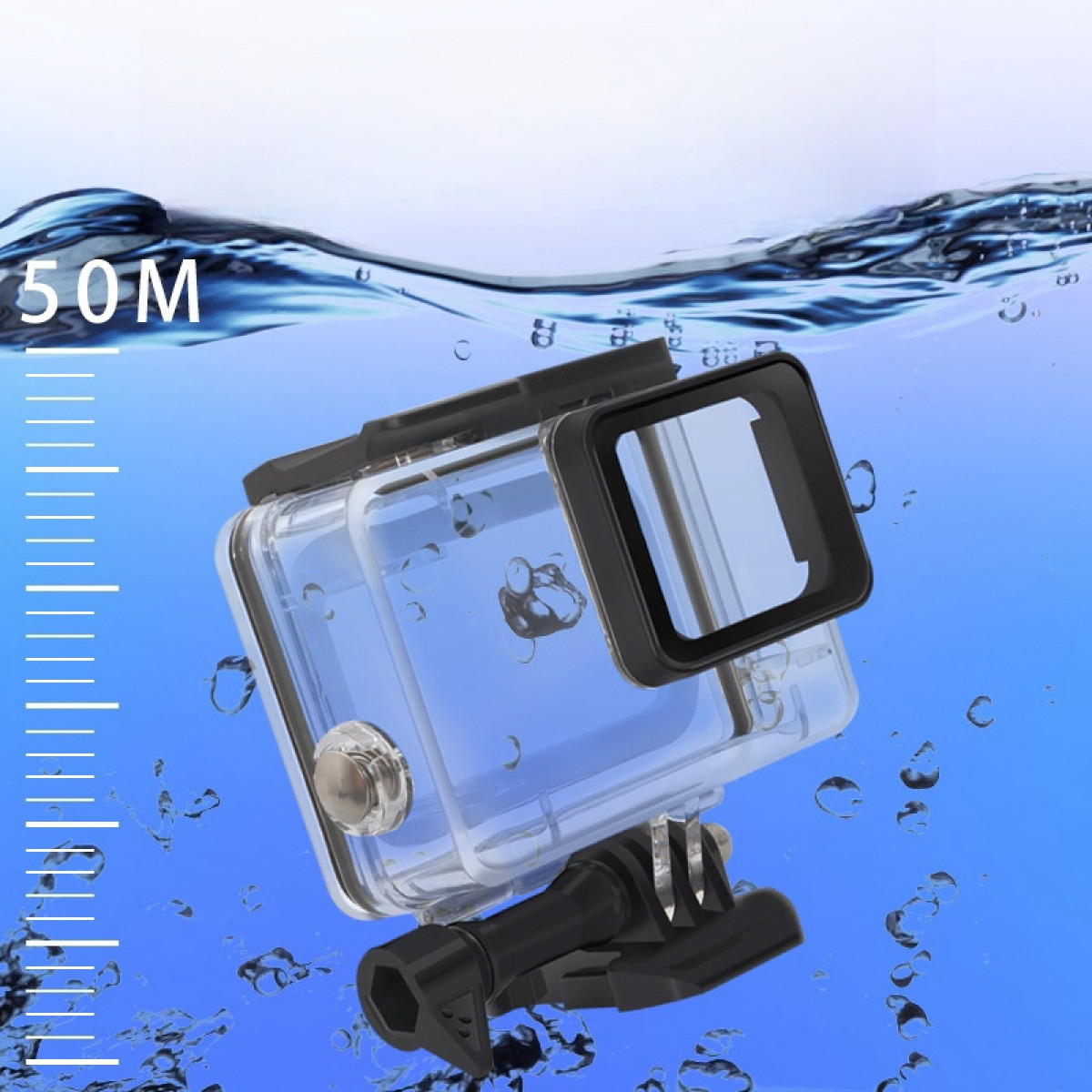 Waterproof camera case underwater, with depth meter and bubbles.