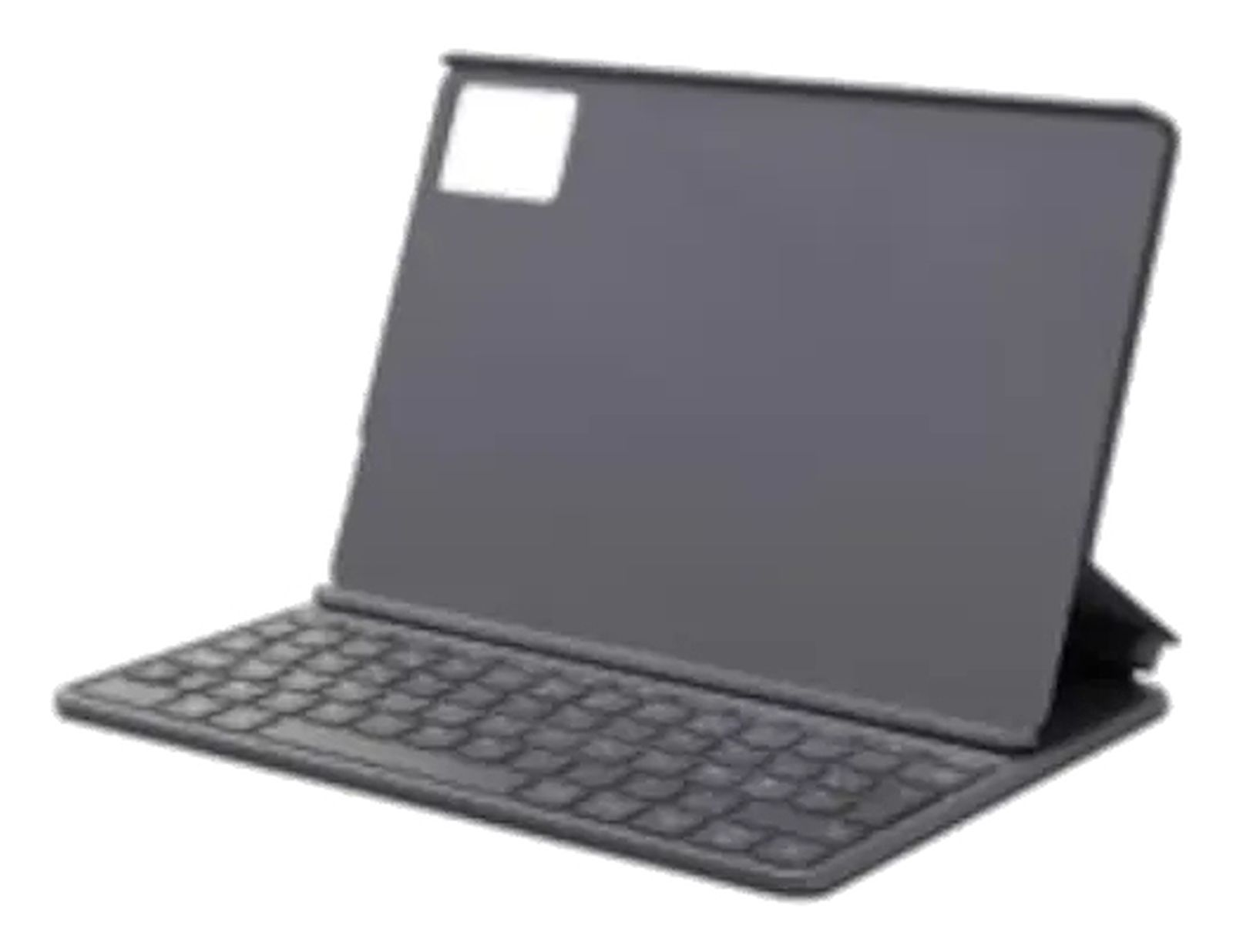 Un tablet grigio con custodia a tastiera è in piedi su sfondo bianco.