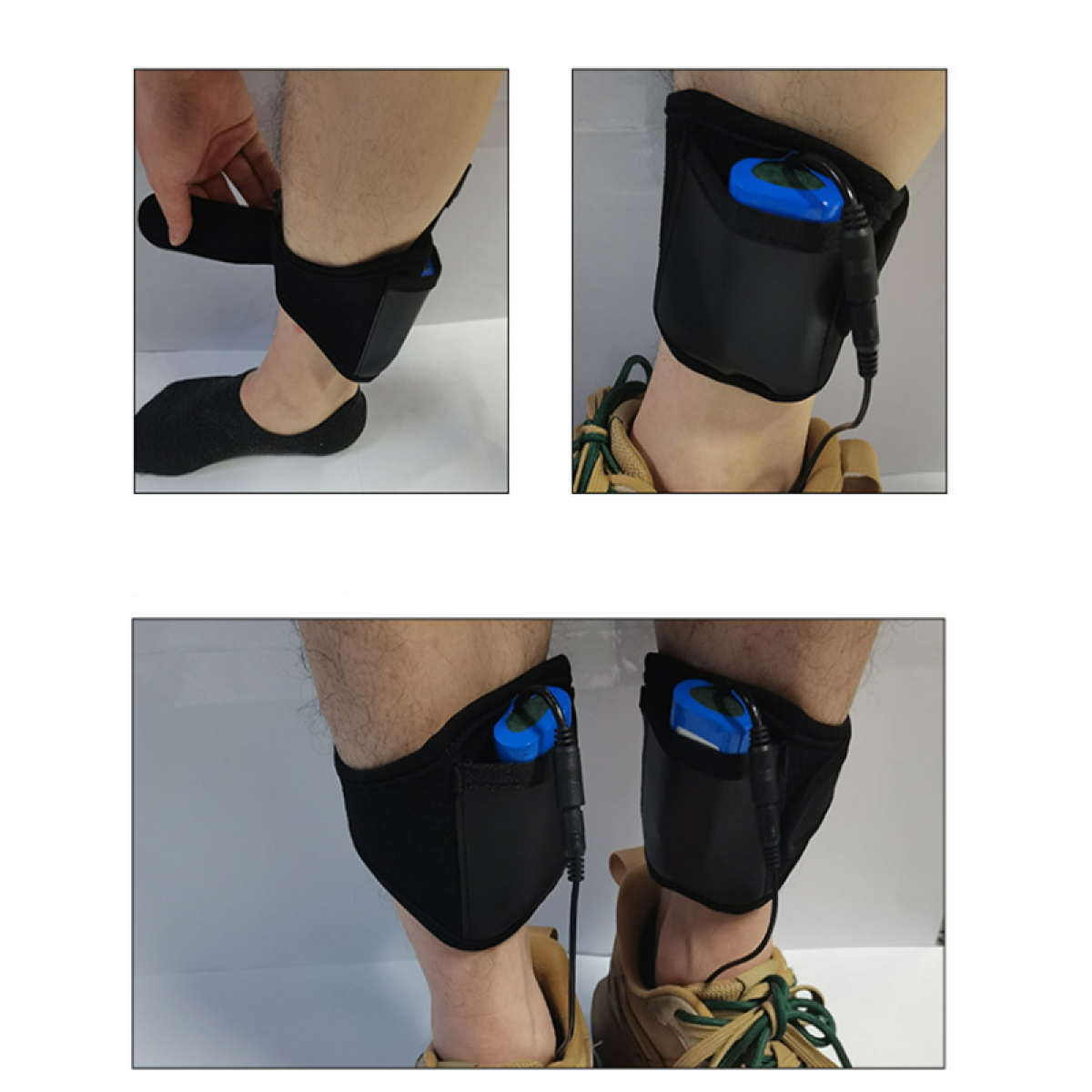 Czarna opaska na kostkę z niebieskim urządzeniem i kablem przymocowana do nogi.