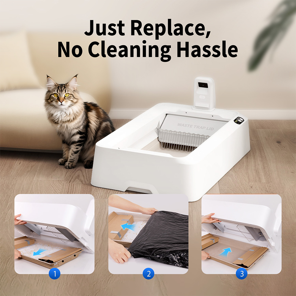 Katze neben selbstreinigendem Katzenklo mit Anleitungsbildern.