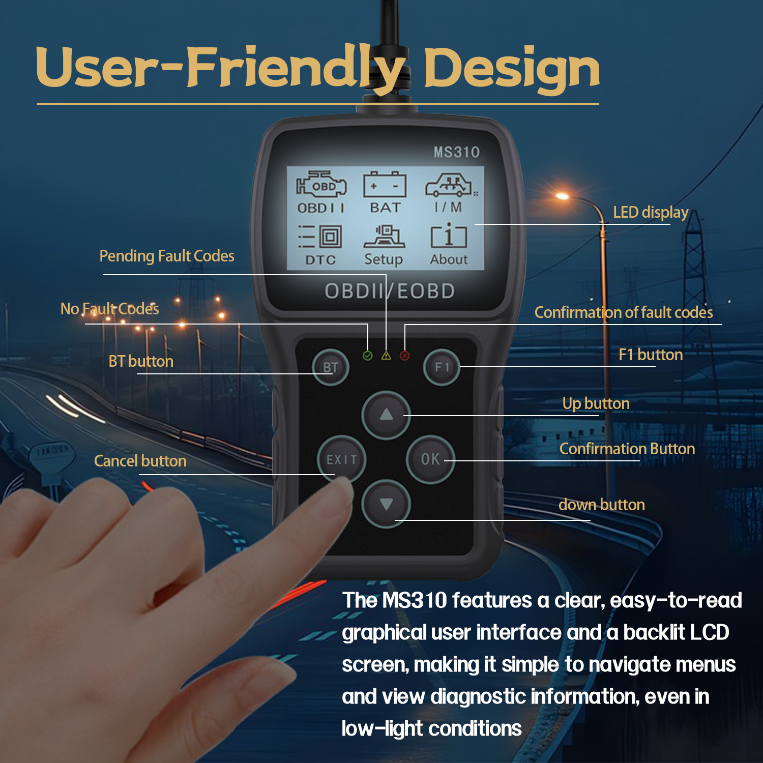 Dłoń trzyma urządzenie diagnostyczne w ciemności, z etykietami na ekranie.