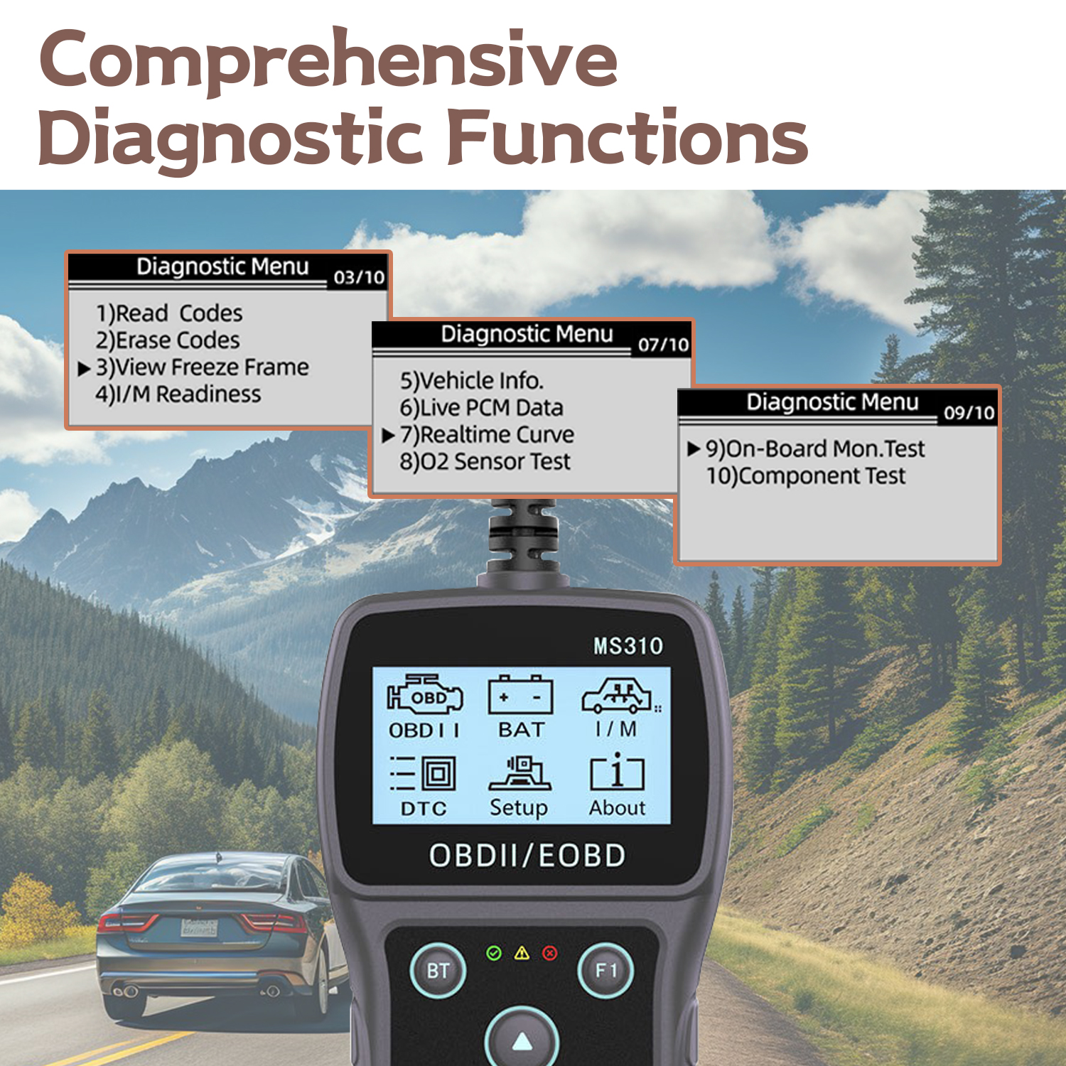 Narzędzie diagnostyczne z opcjami menu przed górskim krajobrazem z samochodem.