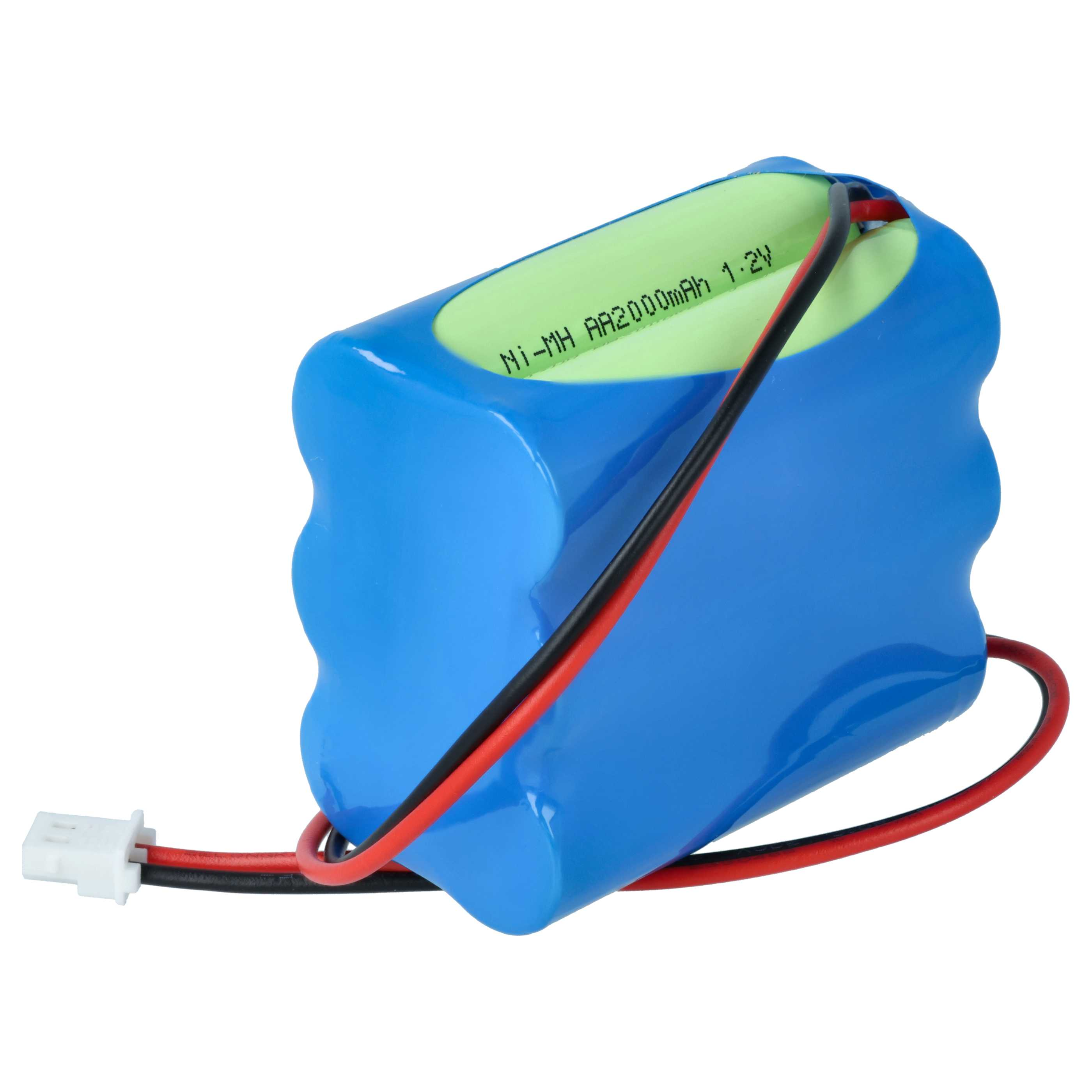 Blauer Akku mit rotem und schwarzem Kabel und weißem Stecker.