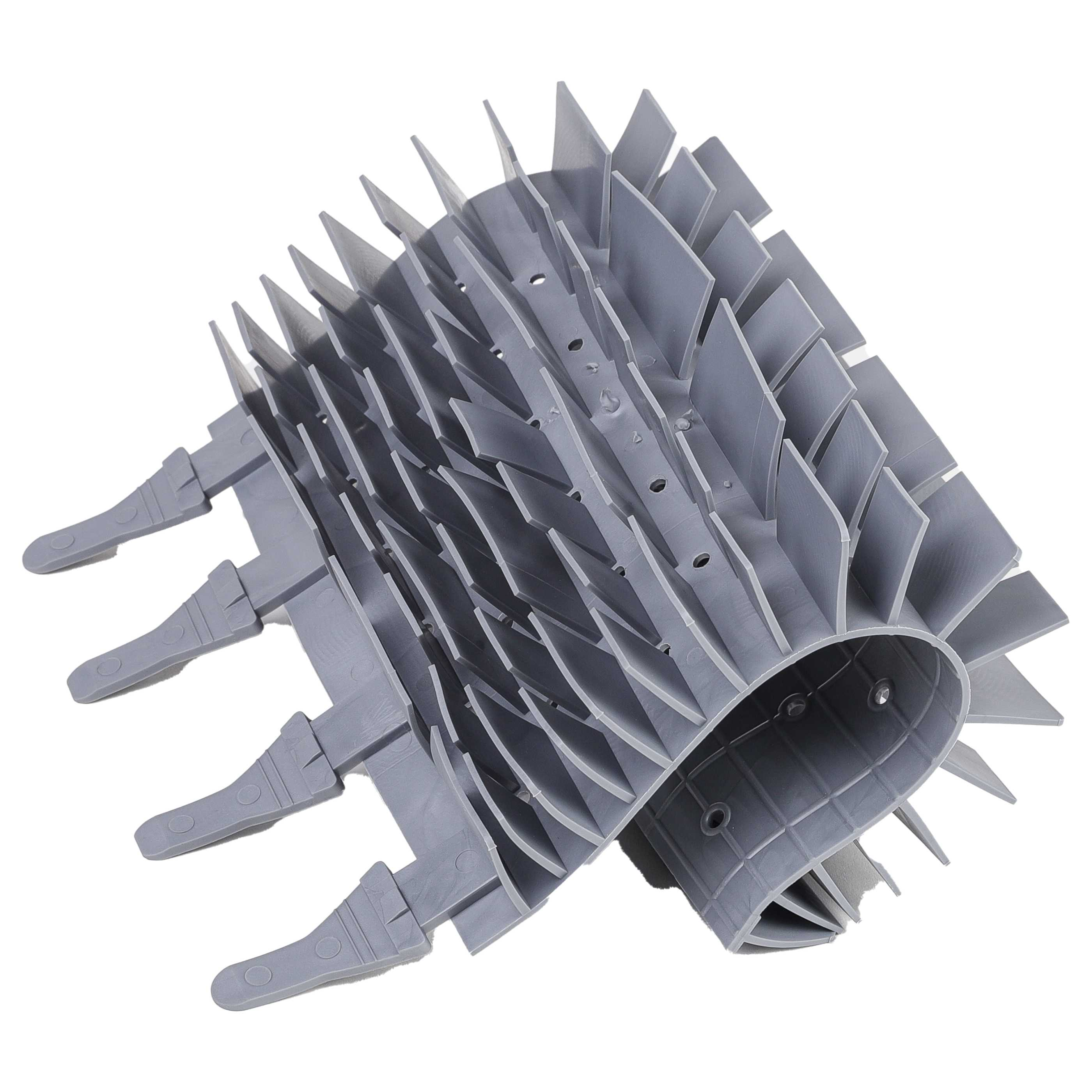 Grauer Kunststoff-Heatsink mit vielen Lamellen und drei Befestigungsarmen.