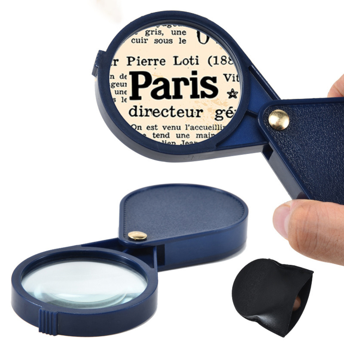 Eine blaue Lupe vergrößert das Wort „Paris“ auf einem Buchseite.