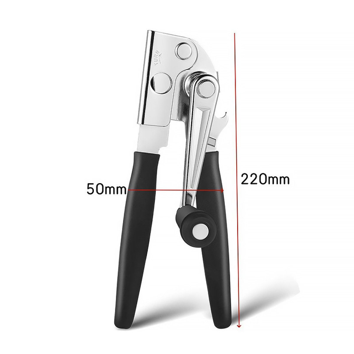Ein silberner Dosenöffner mit schwarzen Griffen, 220mm lang.