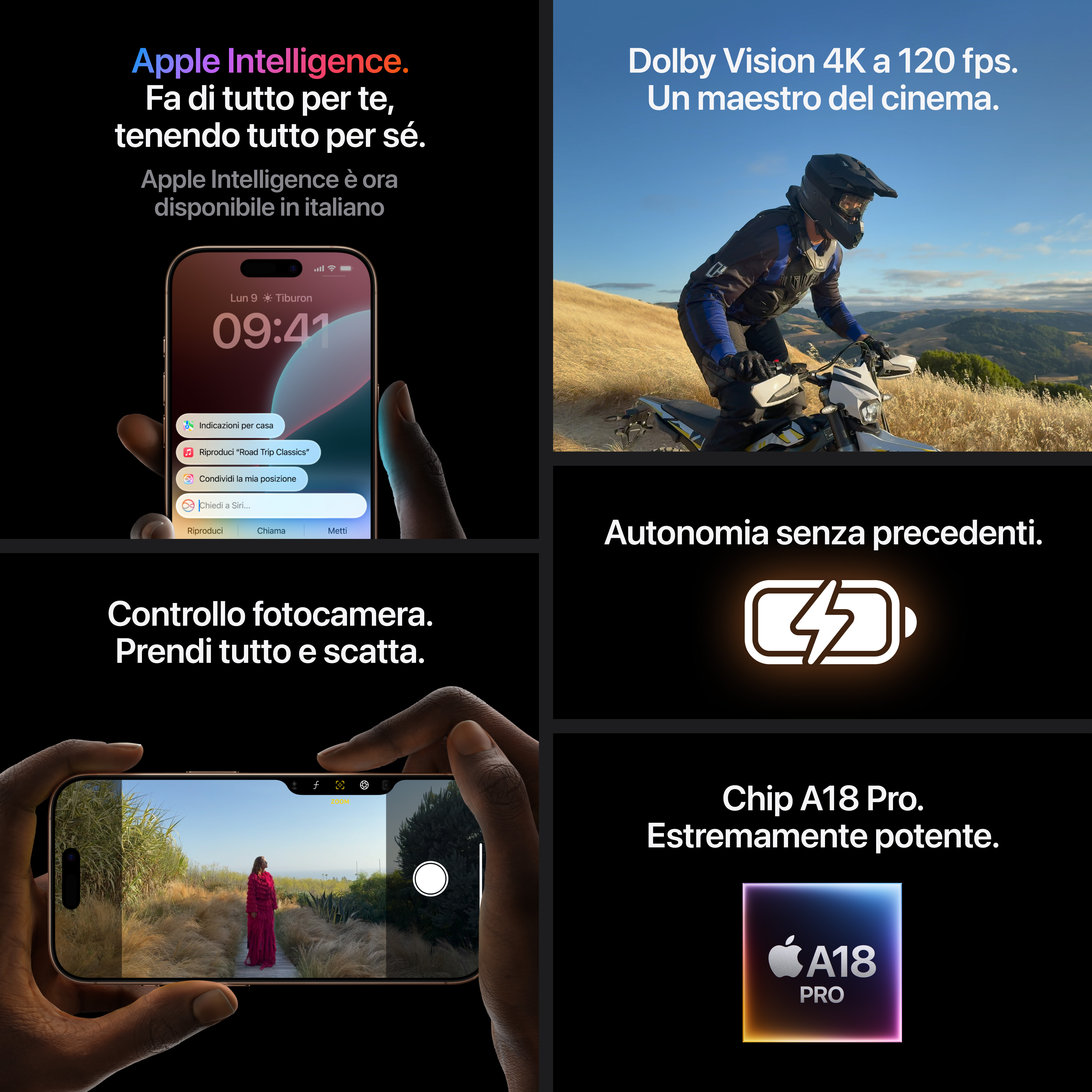 Apple Intelligence na iPhonie. Mężczyzna jedzie motocyklem. Kobieta w różu. Chip A18 Pro.