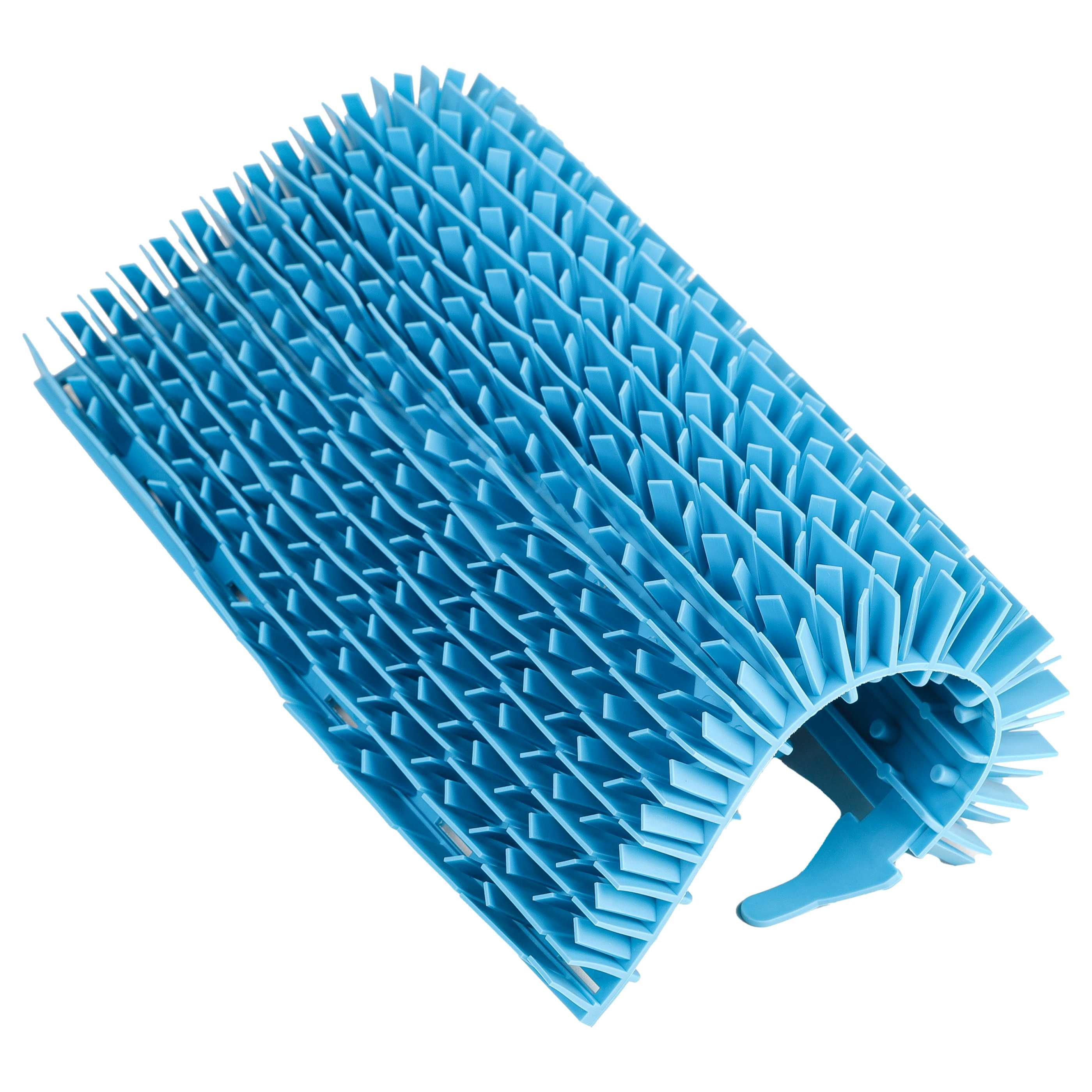 Ein blaues, flexibles Plastikobjekt mit vielen kleinen Lamellen.