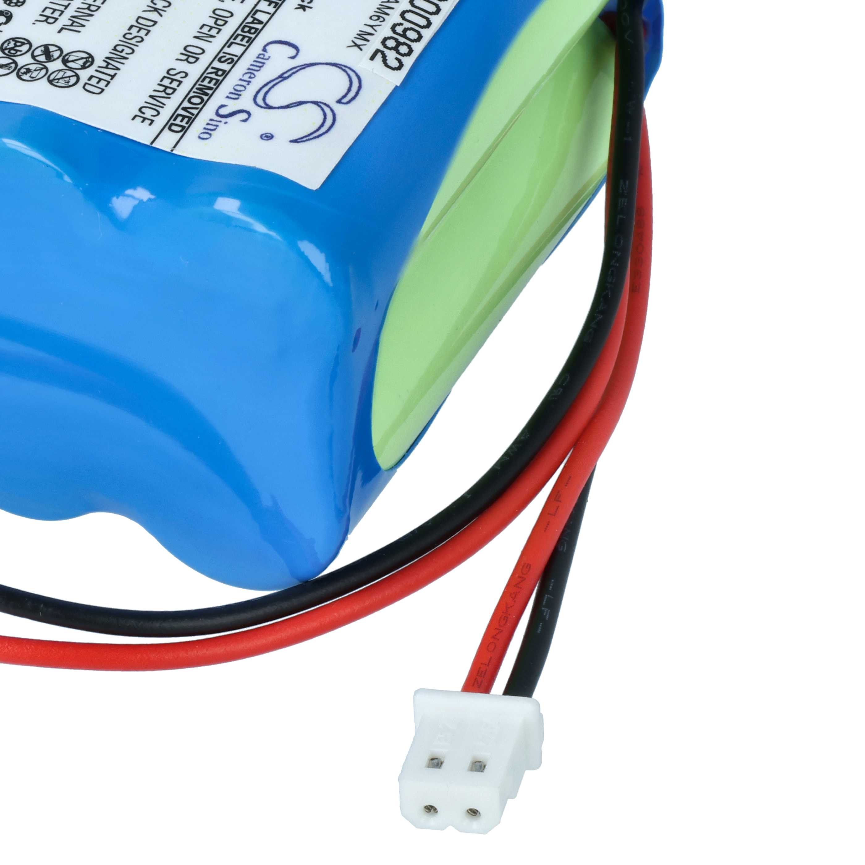 Ein blauer und hellgrüner Akku mit schwarzen und roten Kabeln und einem weißen Stecker.