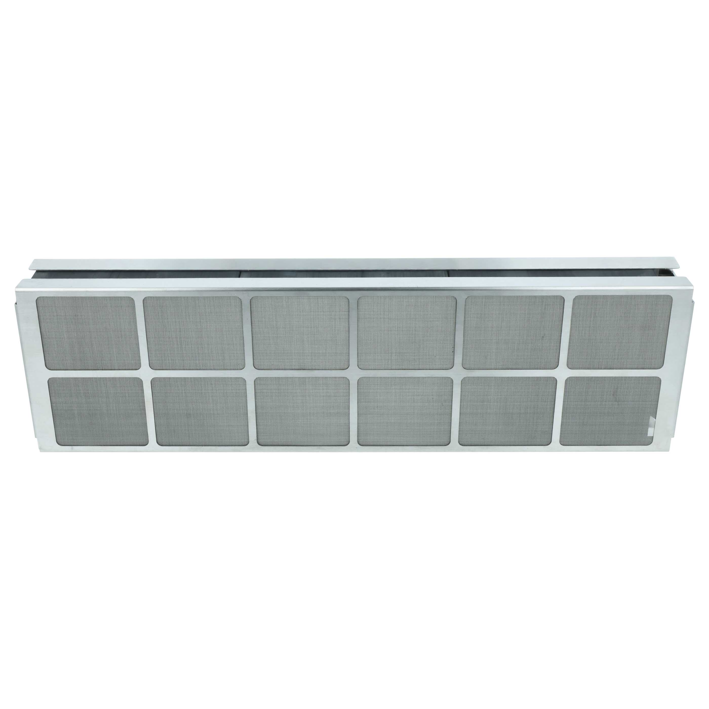 Ein rechteckiger Luftfilter mit silbernem Rahmen und 12 grauen Gittern.