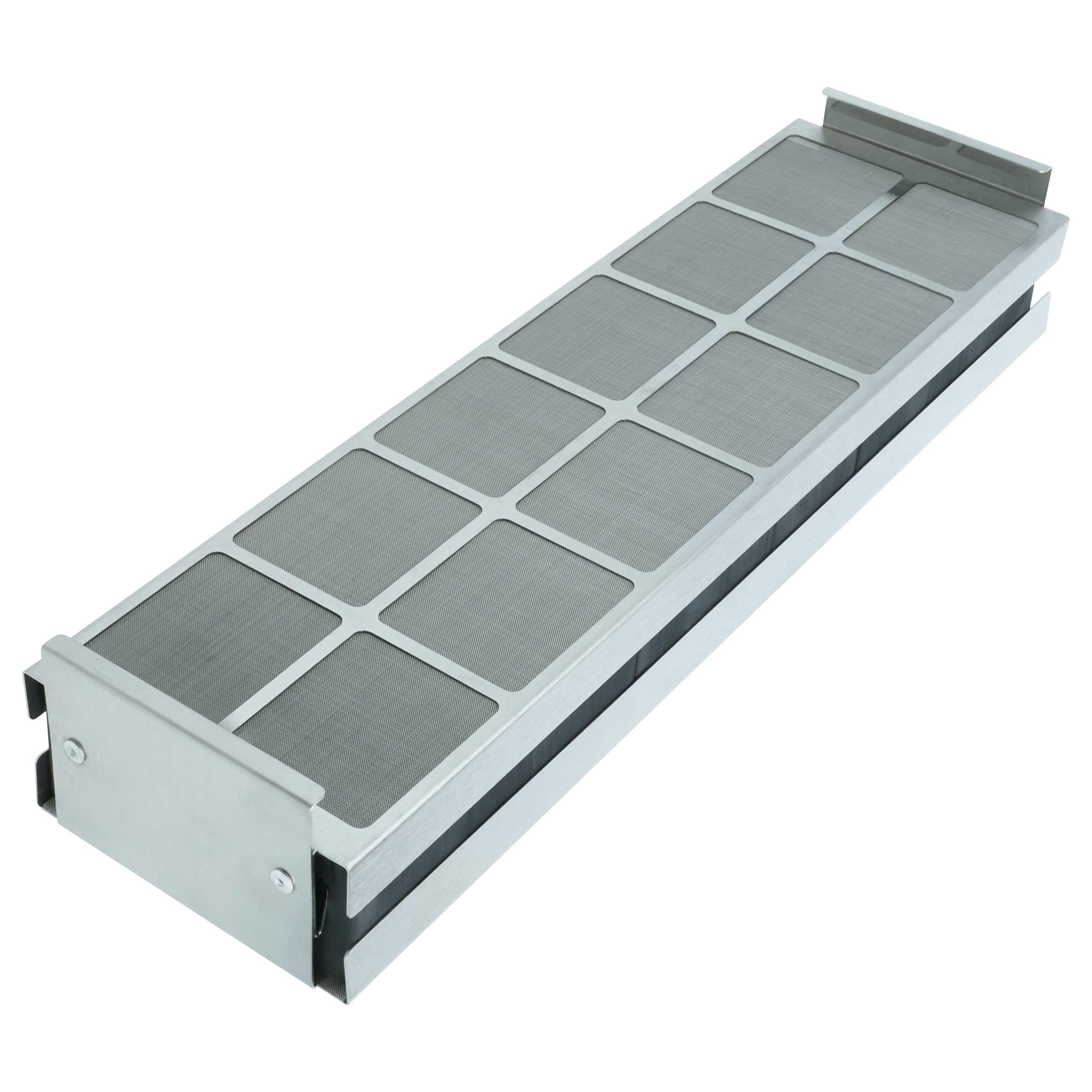 Ein rechteckiger Metallfilter mit acht quadratischen Maschenfeldern.