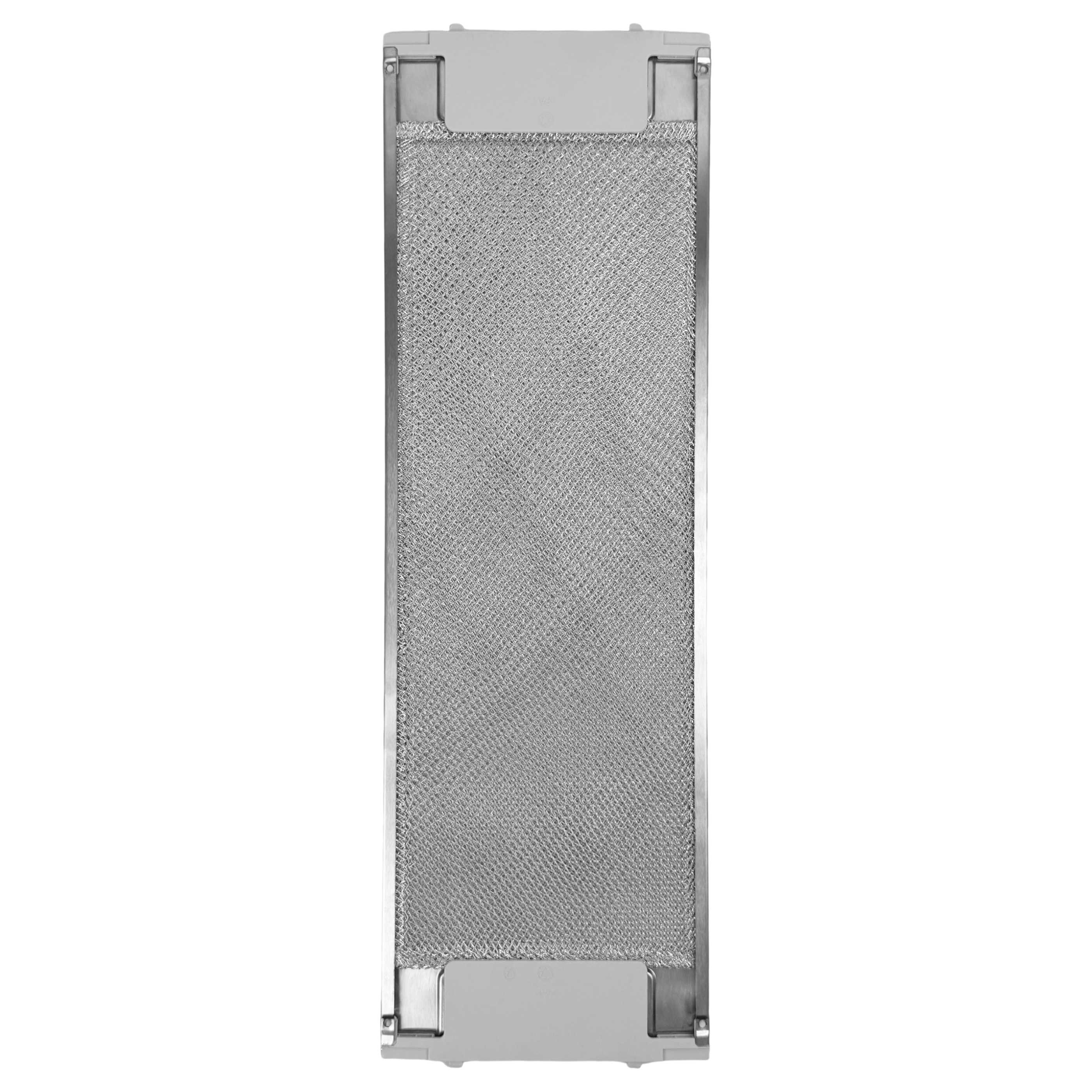 Ein silberner Dunstabzugshaubenfilter mit Metallgewebe und Rahmen.