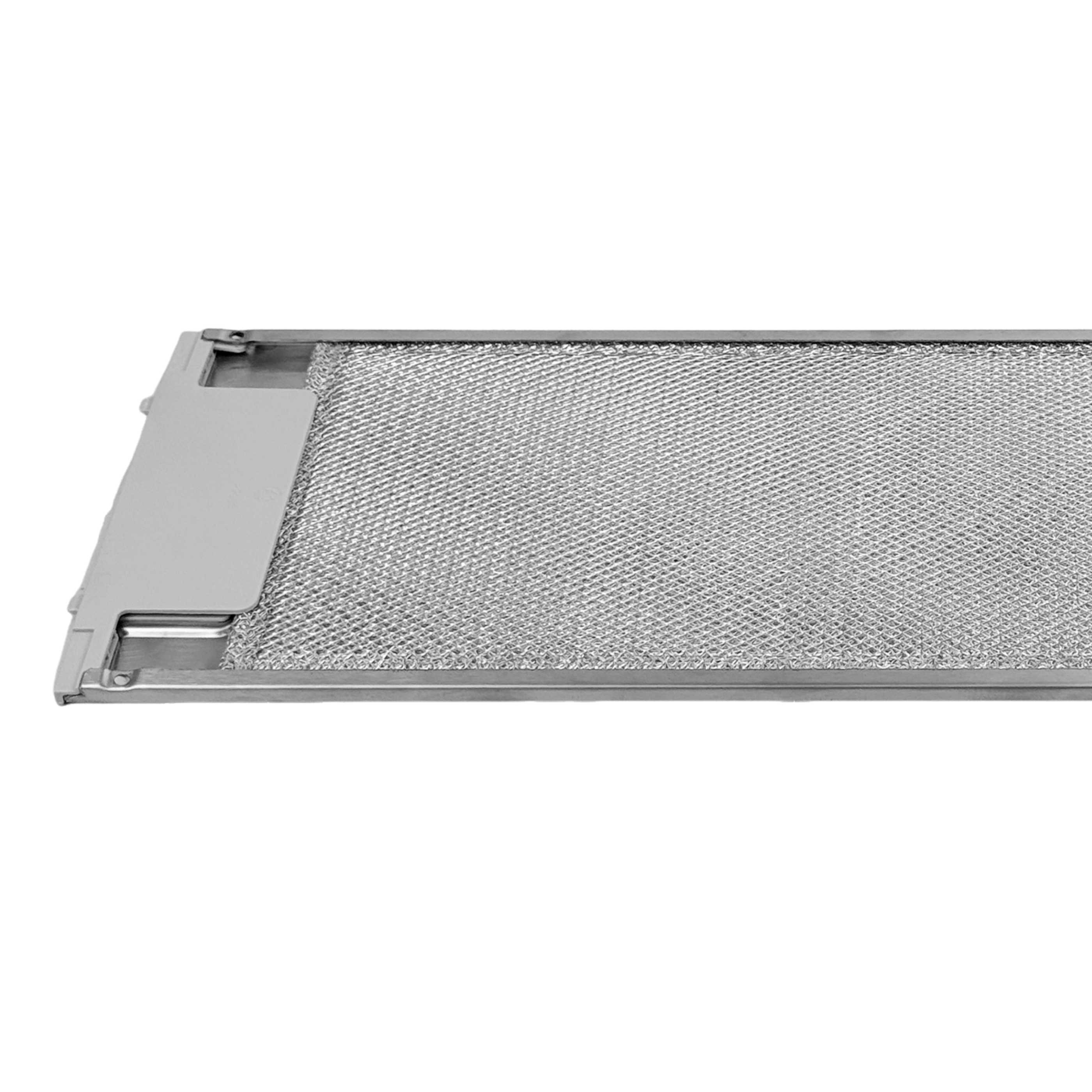 Ein silberner Dunstabzugshaubenfilter aus Metallgewebe mit einem grauen Rahmen.
