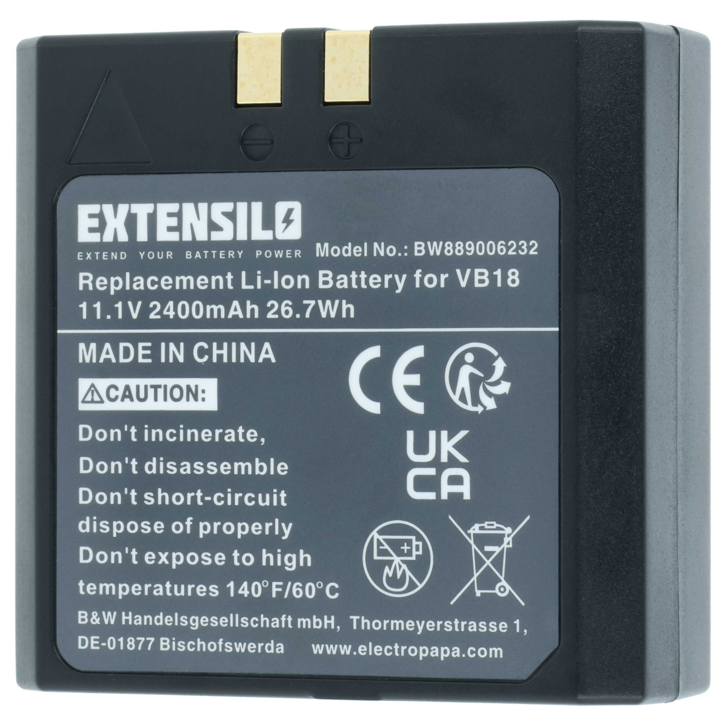 Schwarzer Akku mit Aufschriften: EXTENSILO, 11.1V 2400mAh, Made in China, CE, UK CA.