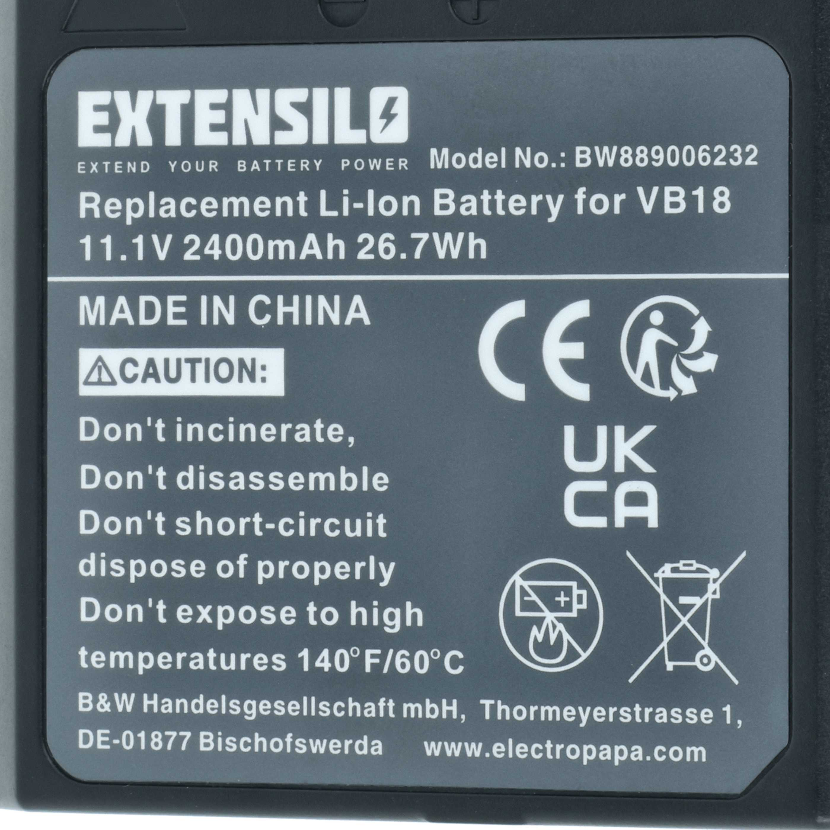 EXTENSILO Ersatz-Li-Ion-Akku für VB18, 11.1V 2400mAh, Made in China.