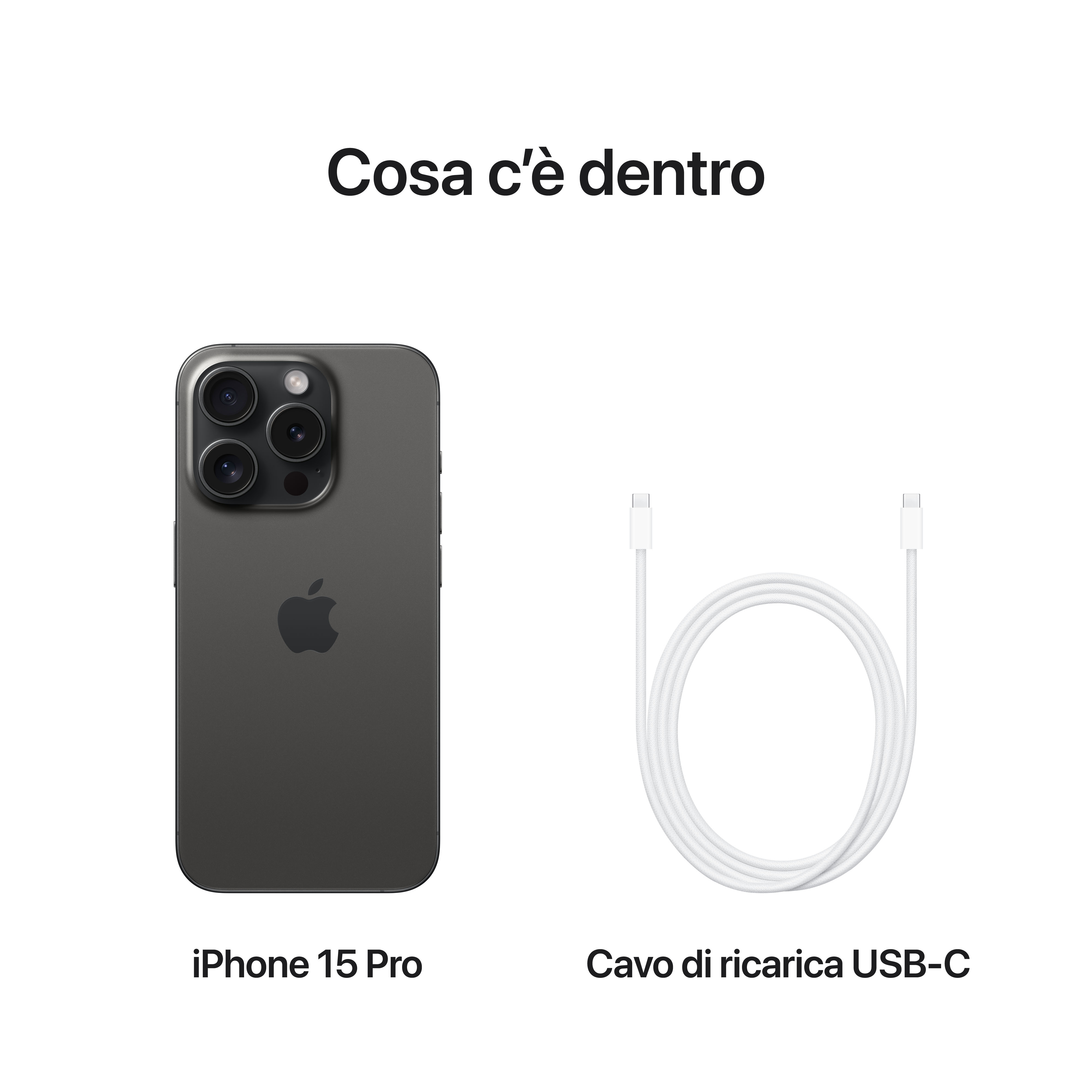 iPhone 15 Pro i biały kabel ładujący USB-C na białym tle.