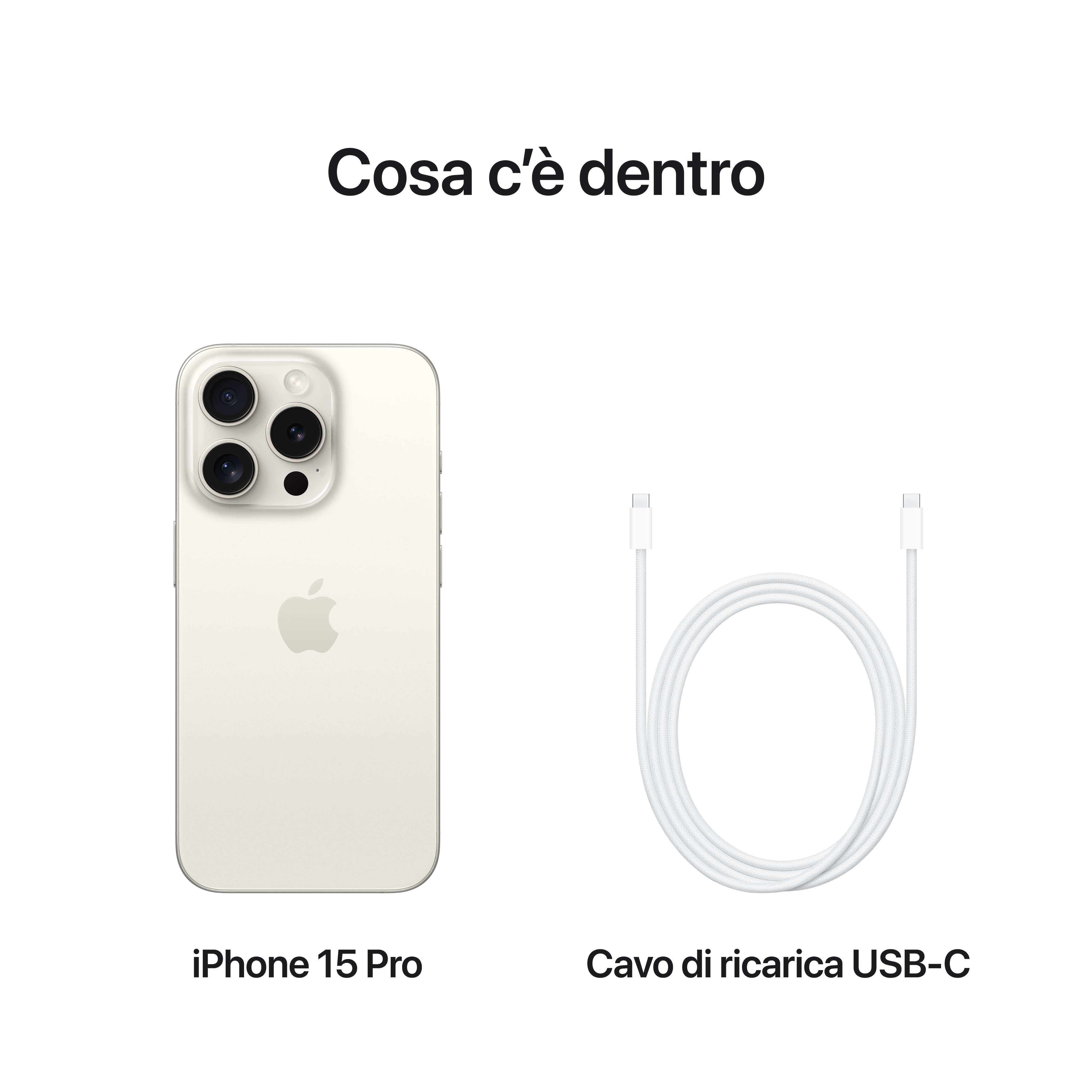 Biały iPhone 15 Pro i biały kabel ładujący USB-C.