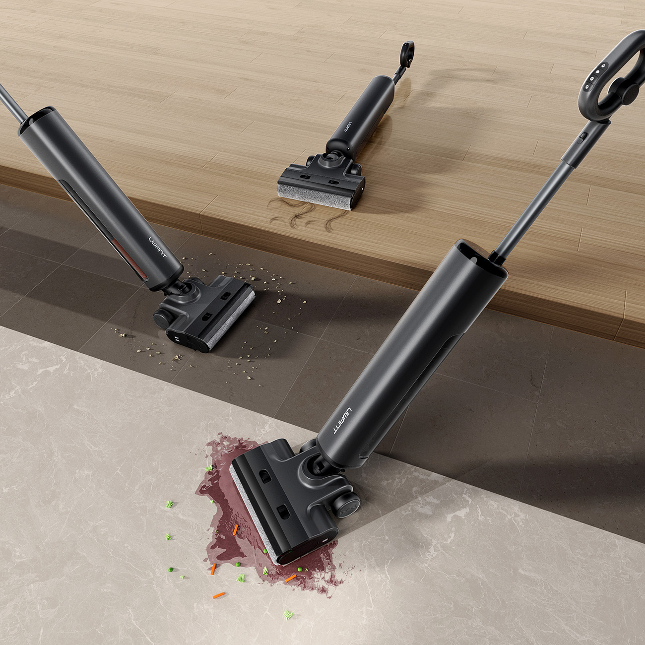 Trzy czarne odkurzacze podłogowe na drewnianej i kafelkowej podłodze.