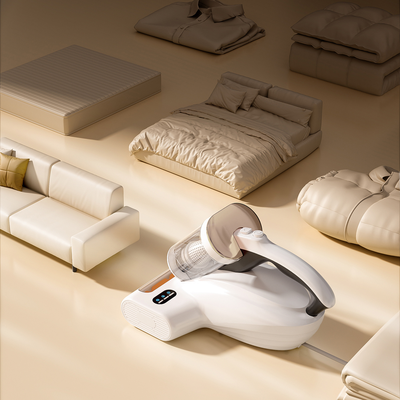 Biały odkurzacz ręczny na beżowej podłodze, obok sofy i łóżka.