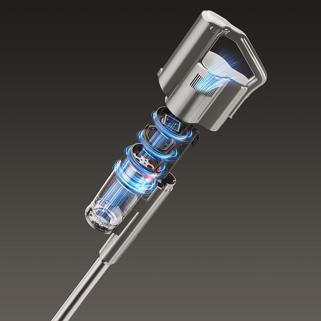 Przekrój odkurzacza pokazujący wewnętrzne mechanizmy ze świecącymi niebieskimi pierścieniami.