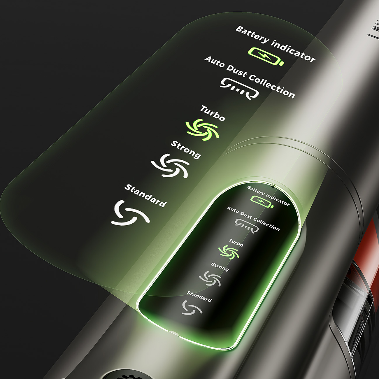 Wyświetlacz pokazuje stan baterii, automatyczne zbieranie kurzu, tryby turbo, mocny i standard.