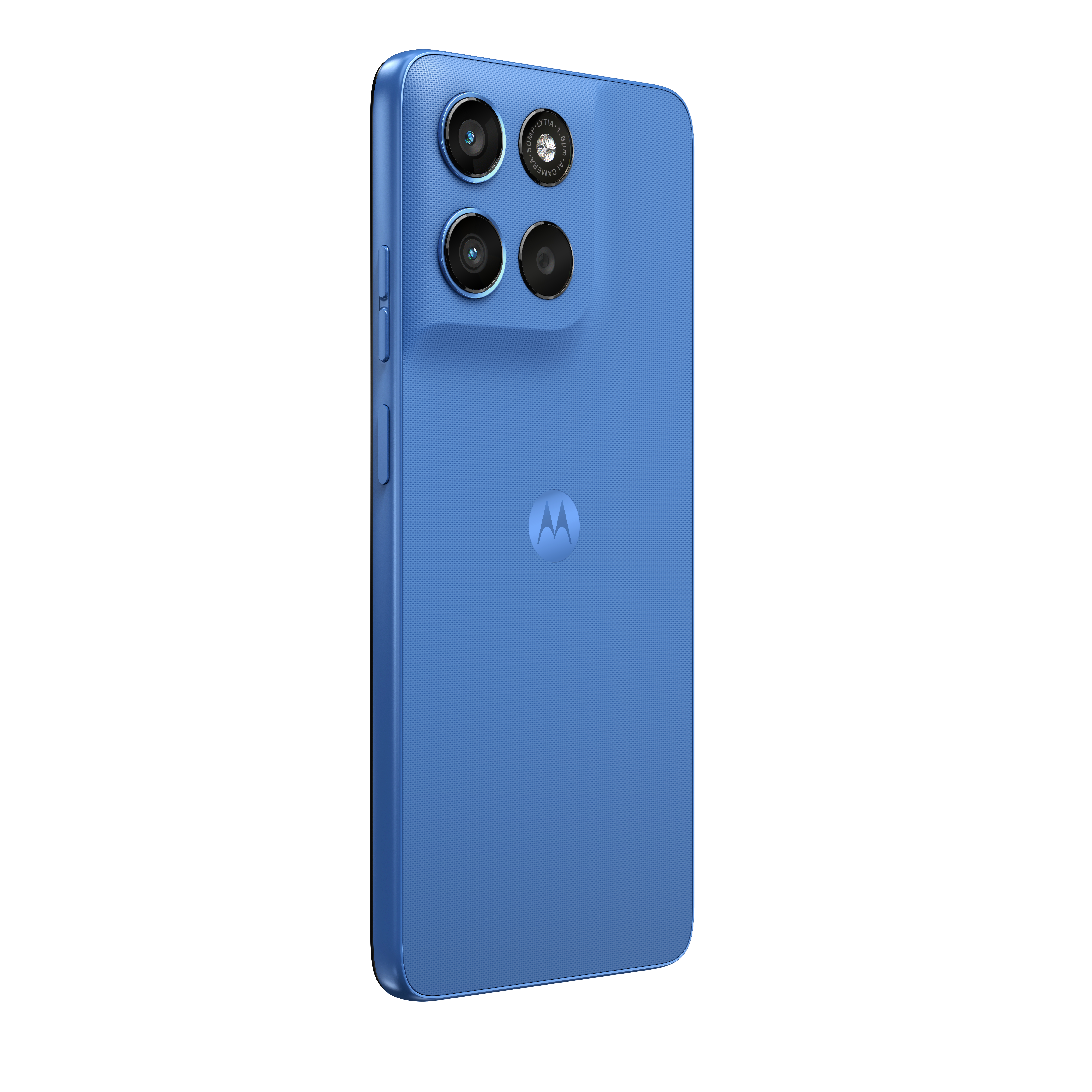 Tył niebieskiego smartfona z trzema aparatami i logo Motorola.