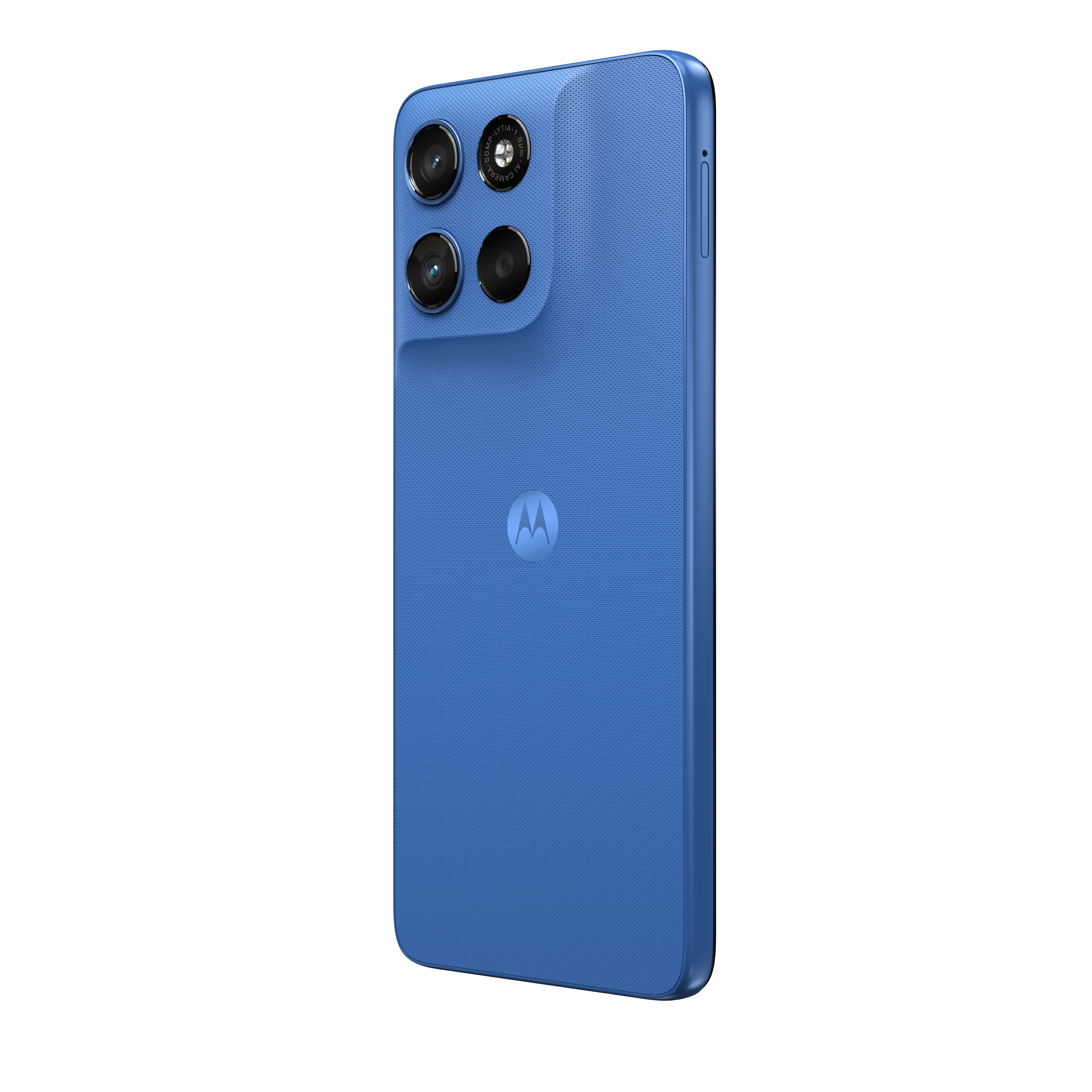 Niebieski smartfon z trzema aparatami i logo Motorola na białym tle.