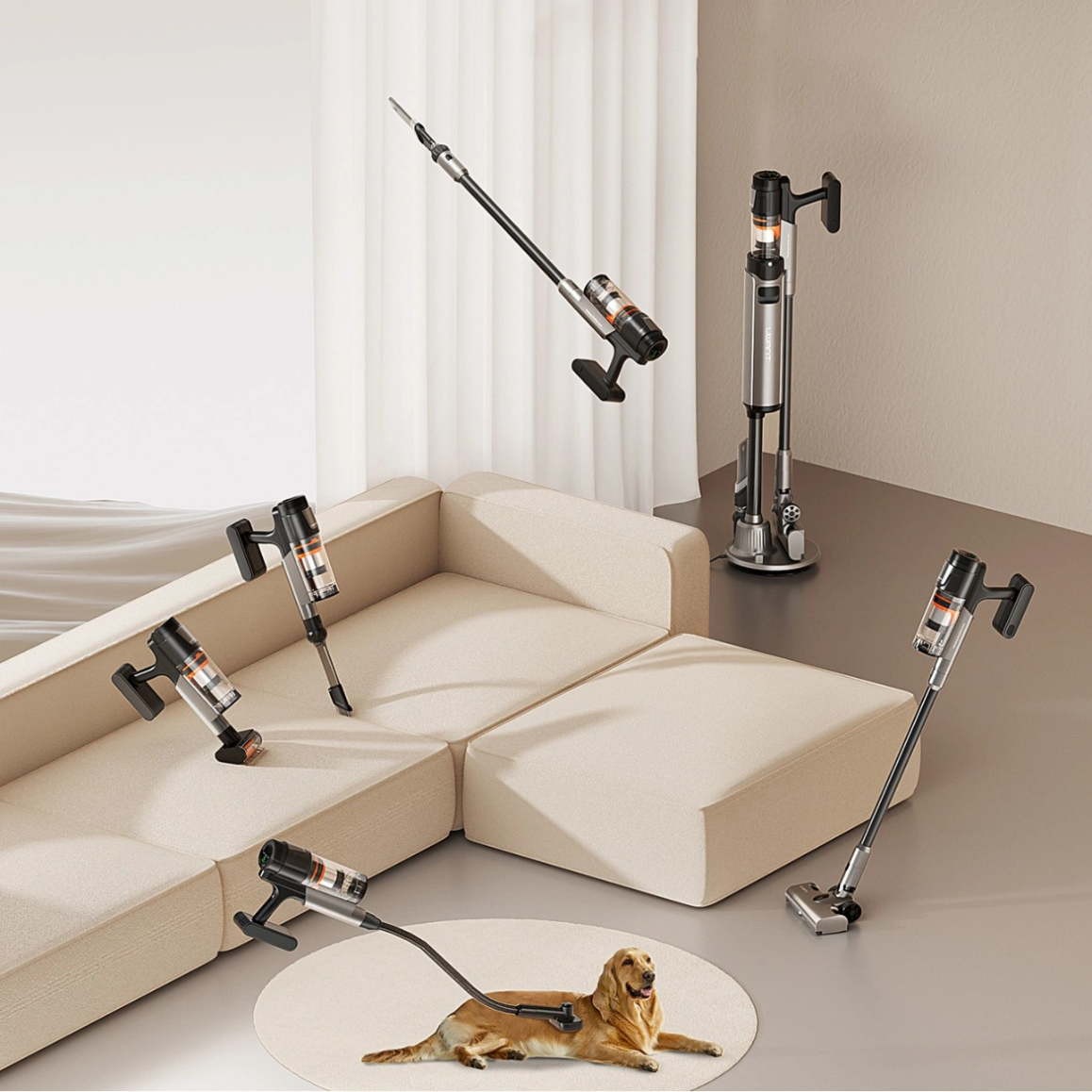 Pies leży na dywanie obok kanapy, podczas gdy wokół niego unoszą się odkurzacze.