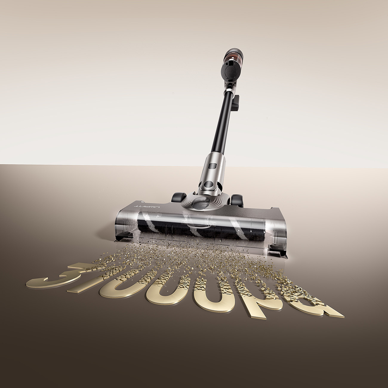 Odkurzacz wciąga rozpadające się złote litery.