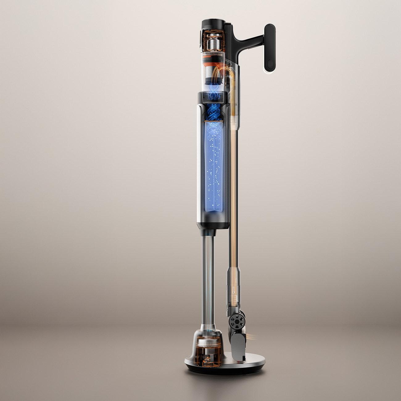 Widok przekroju nowoczesnego odkurzacza z przezroczystym pojemnikiem na kurz i niebieskim światłem.