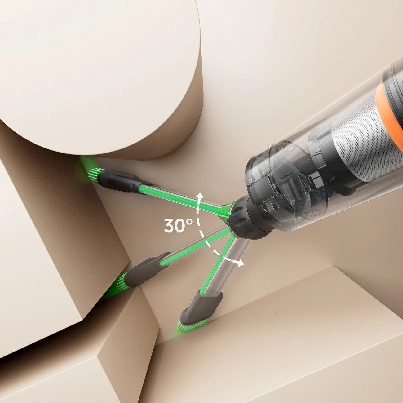 Końcówka odkurzacza z zielonymi szczotkami czyści róg pod kątem 30 stopni.