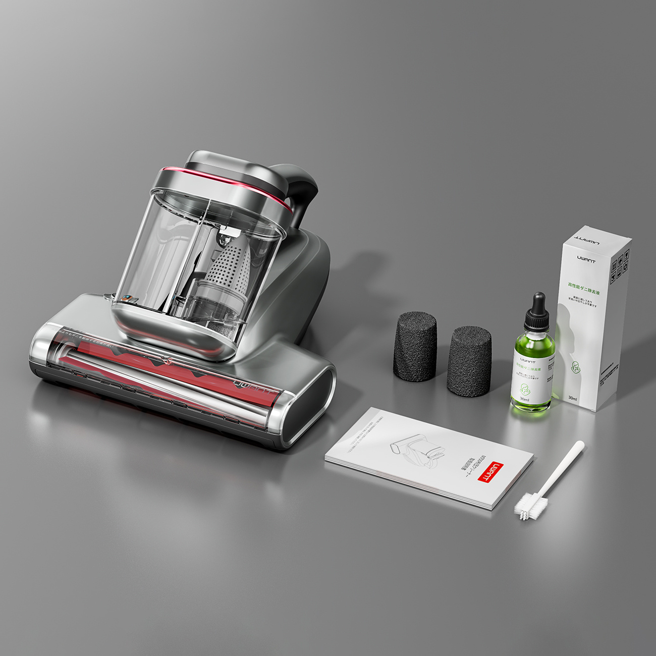 Głowica odkurzacza ze zbiornikiem, dwoma filtrami i płynem czyszczącym.